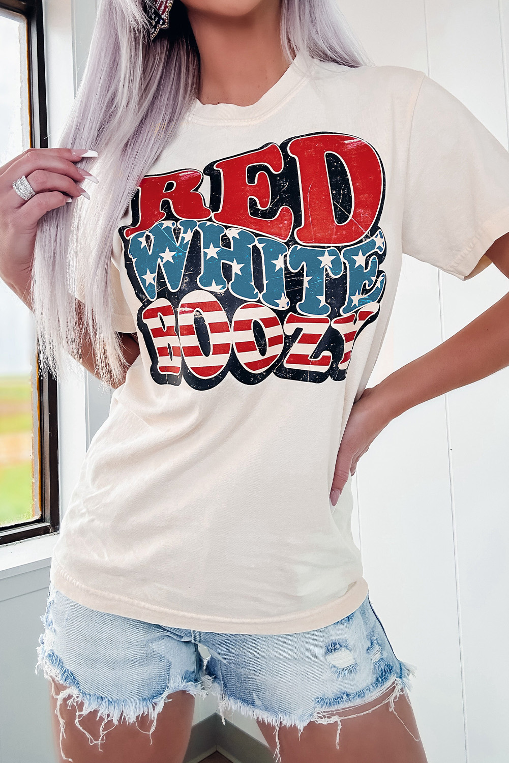 White RED WHITE BOOZY Stars and Stripes Graphic T Shirt - loveforevers
