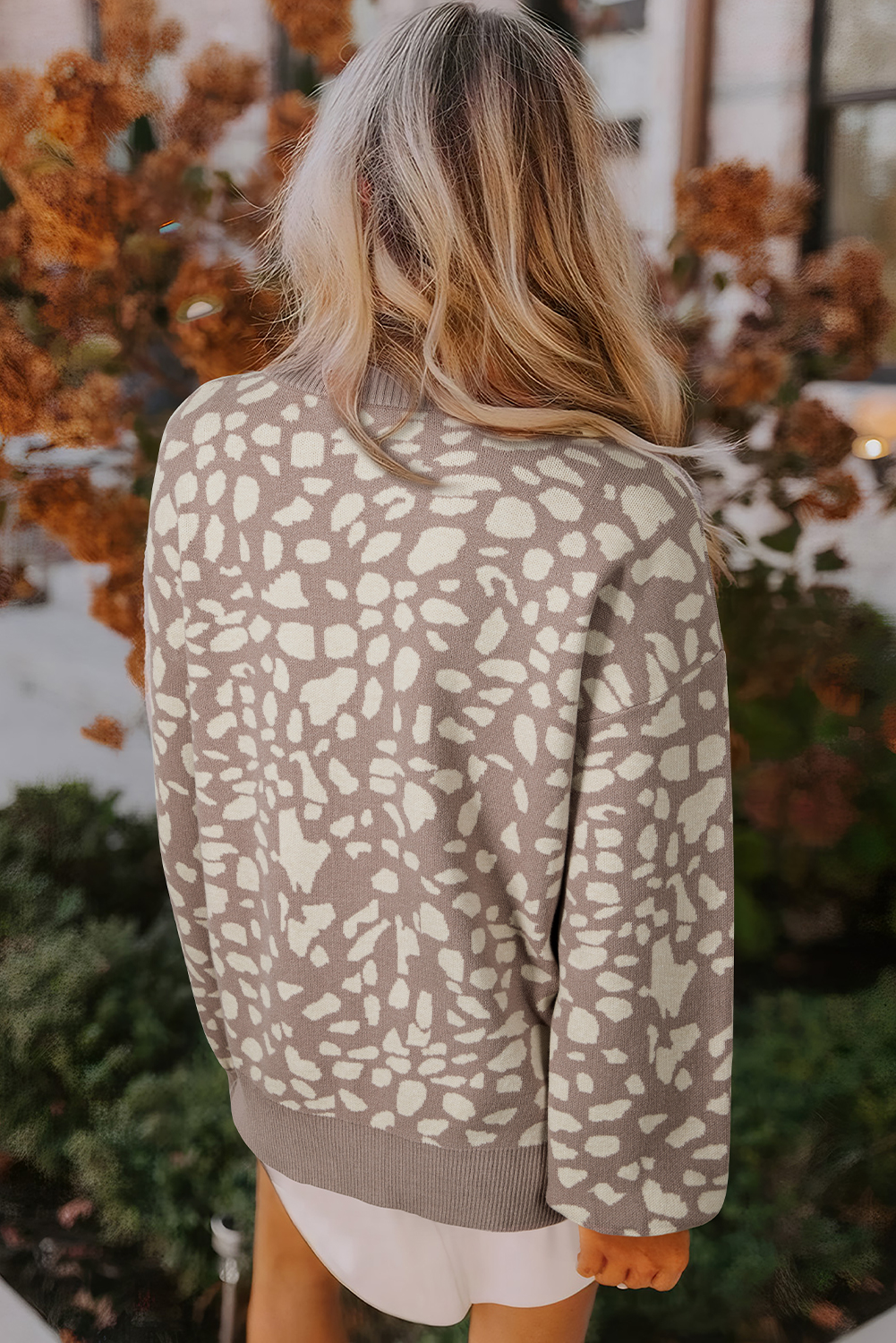 Gray Leopard Spots Pattern Ribbed Trim Drop Shoulder Sweater - loveforevers