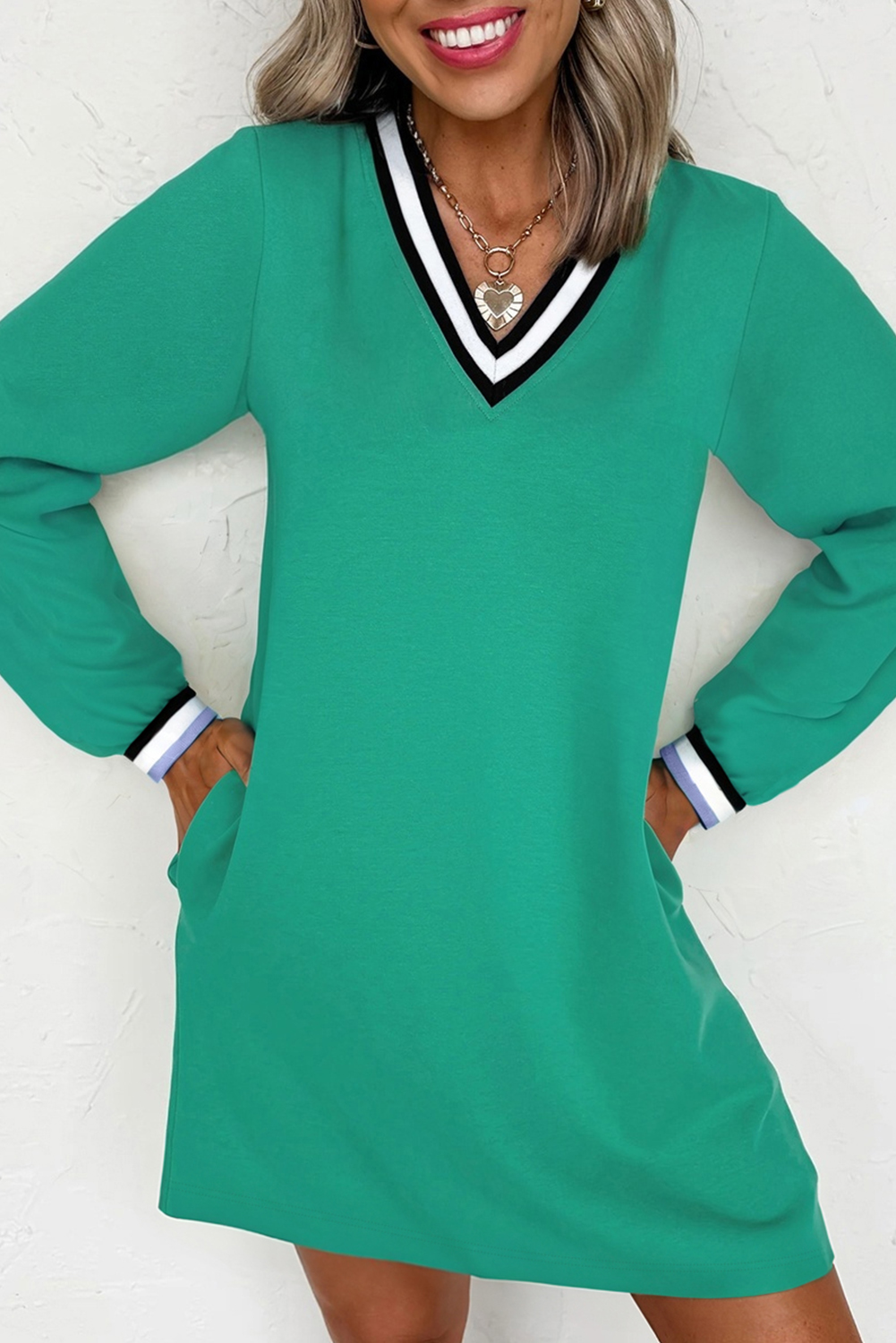 Mint Green Varsity Contrast Striped V Neck Long Sleeve T Shirt Dress with Pockets - loveforevers