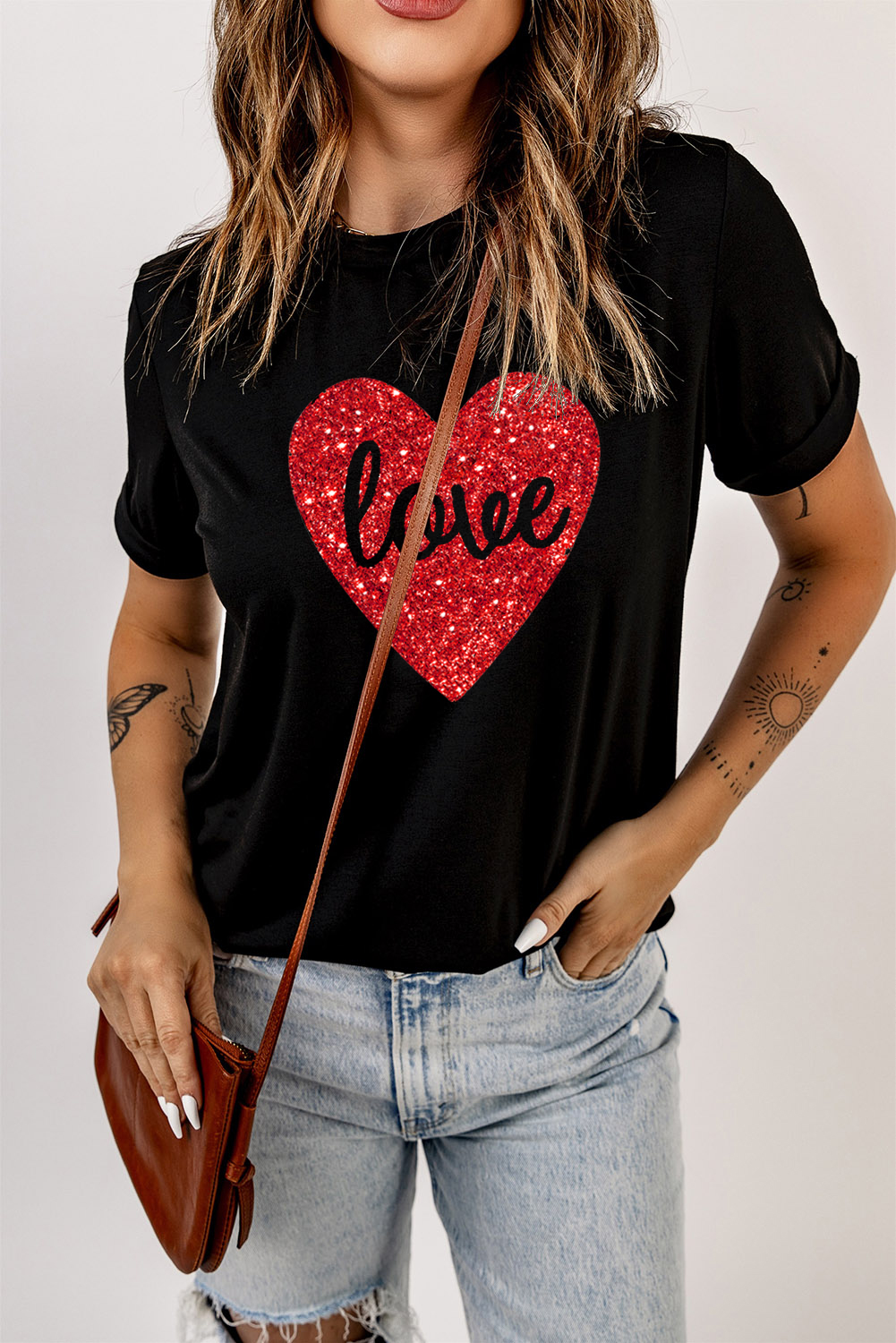 Black Love Heart Shaped Glitter Print T Shirt - loveforevers