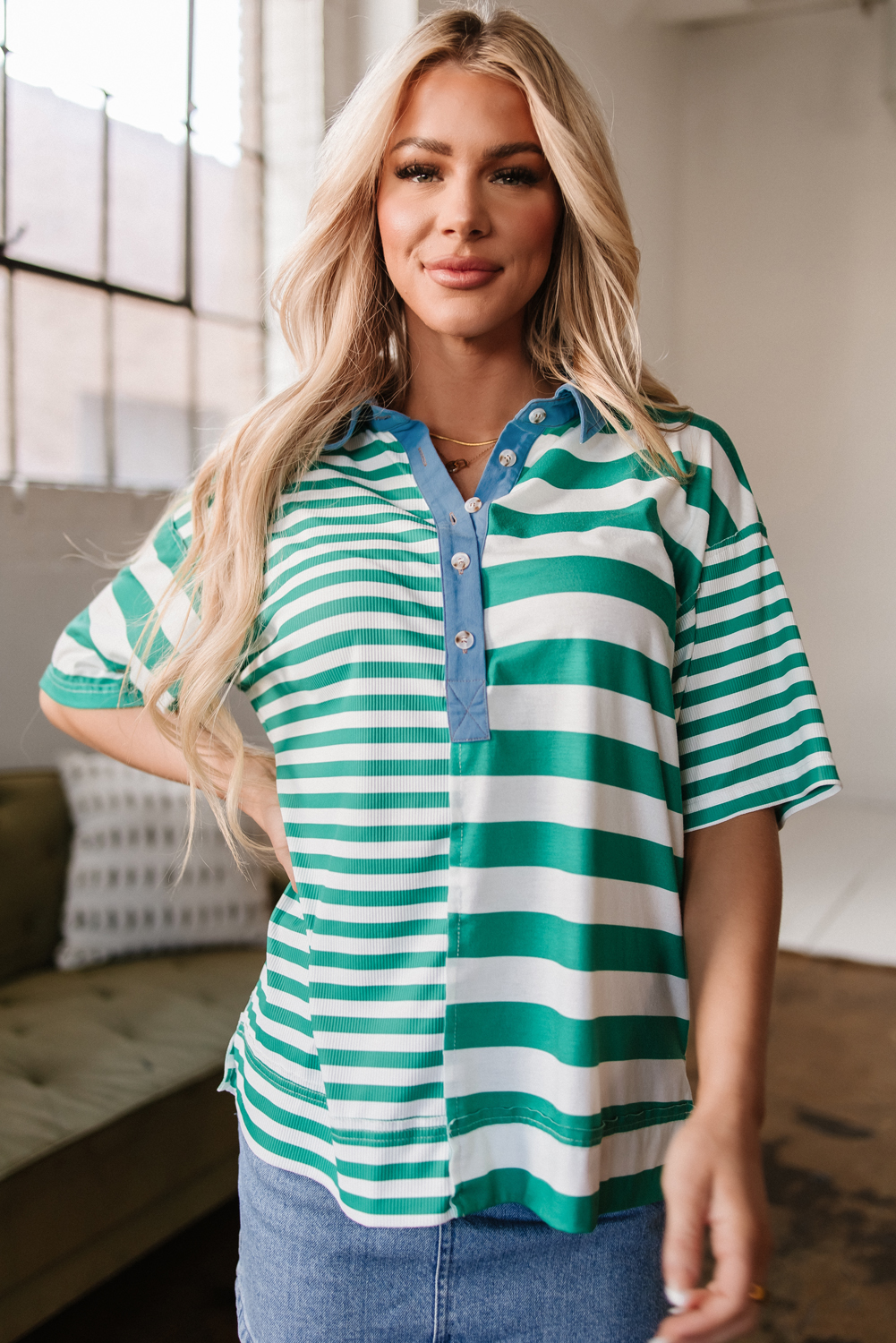 Green Stripe Colorblock Collar Half Buttons T Shirt - loveforevers