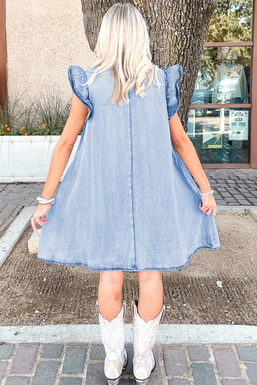 Beau Blue Double Ruffled Sleeves Buttoned A-line Collared Mini Denim Dress - loveforevers