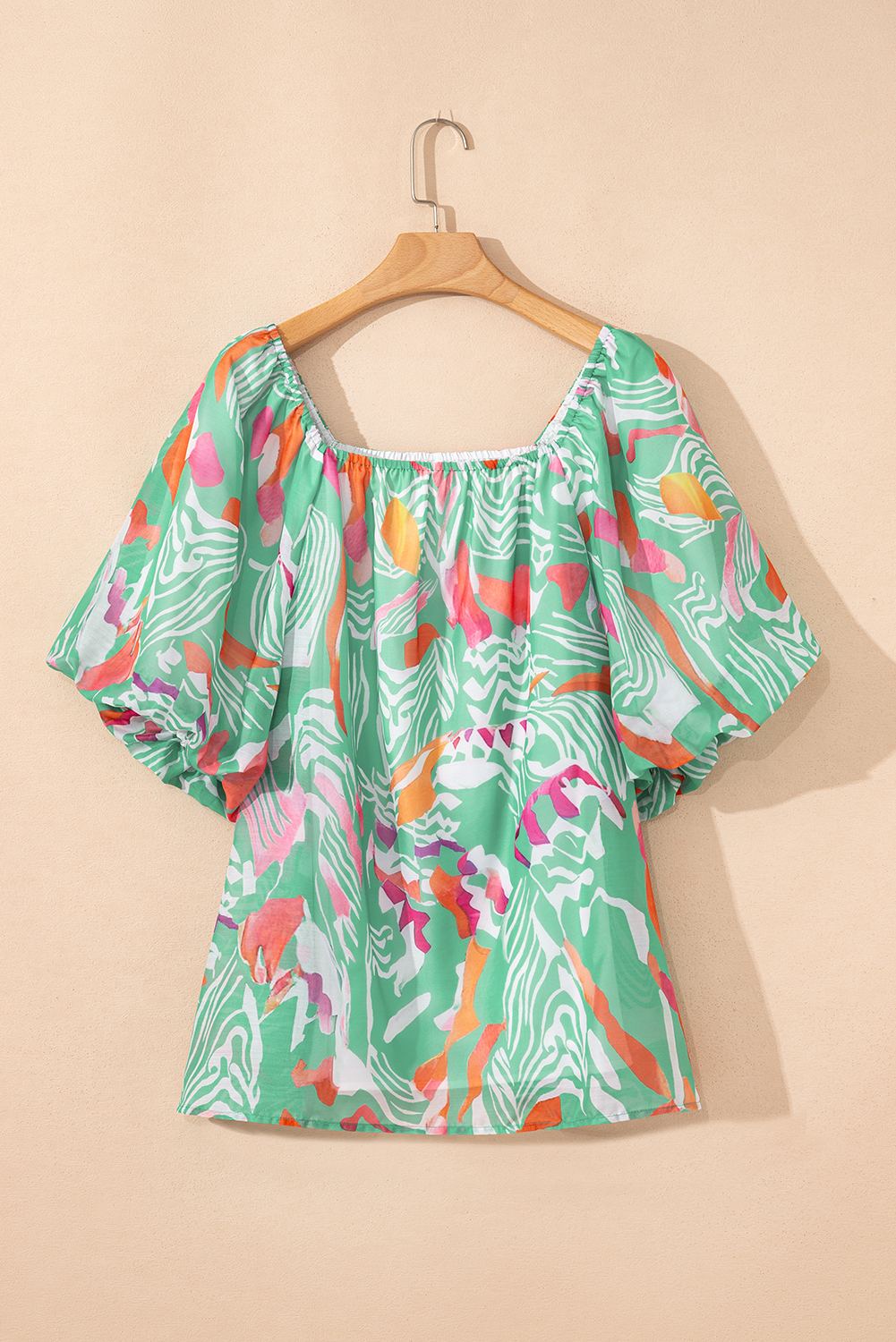 Green Tropical Boho Print Puff Sleeve Square Neck Loose Plus Blouse - loveforevers