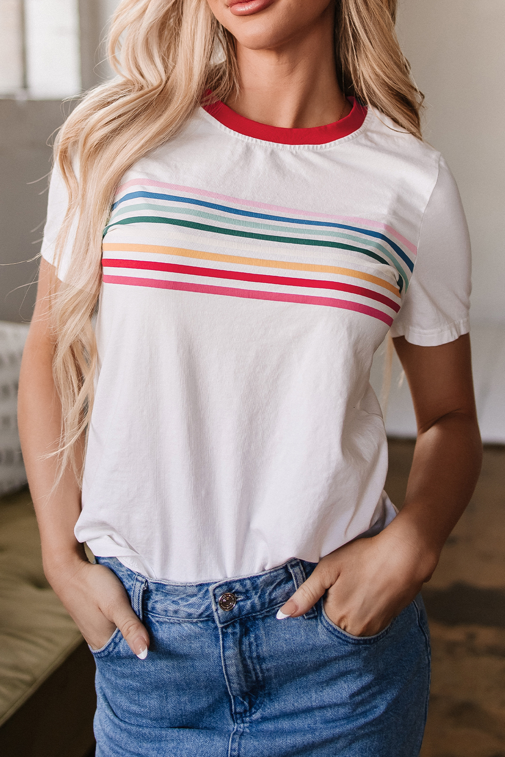 White Rainbow Stripe Print Contrast Crewneck T Shirt - loveforevers