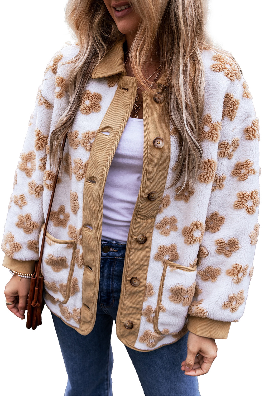 Light French Beige Cute Flower Pattern Button Up Fleece Jacket - loveforevers