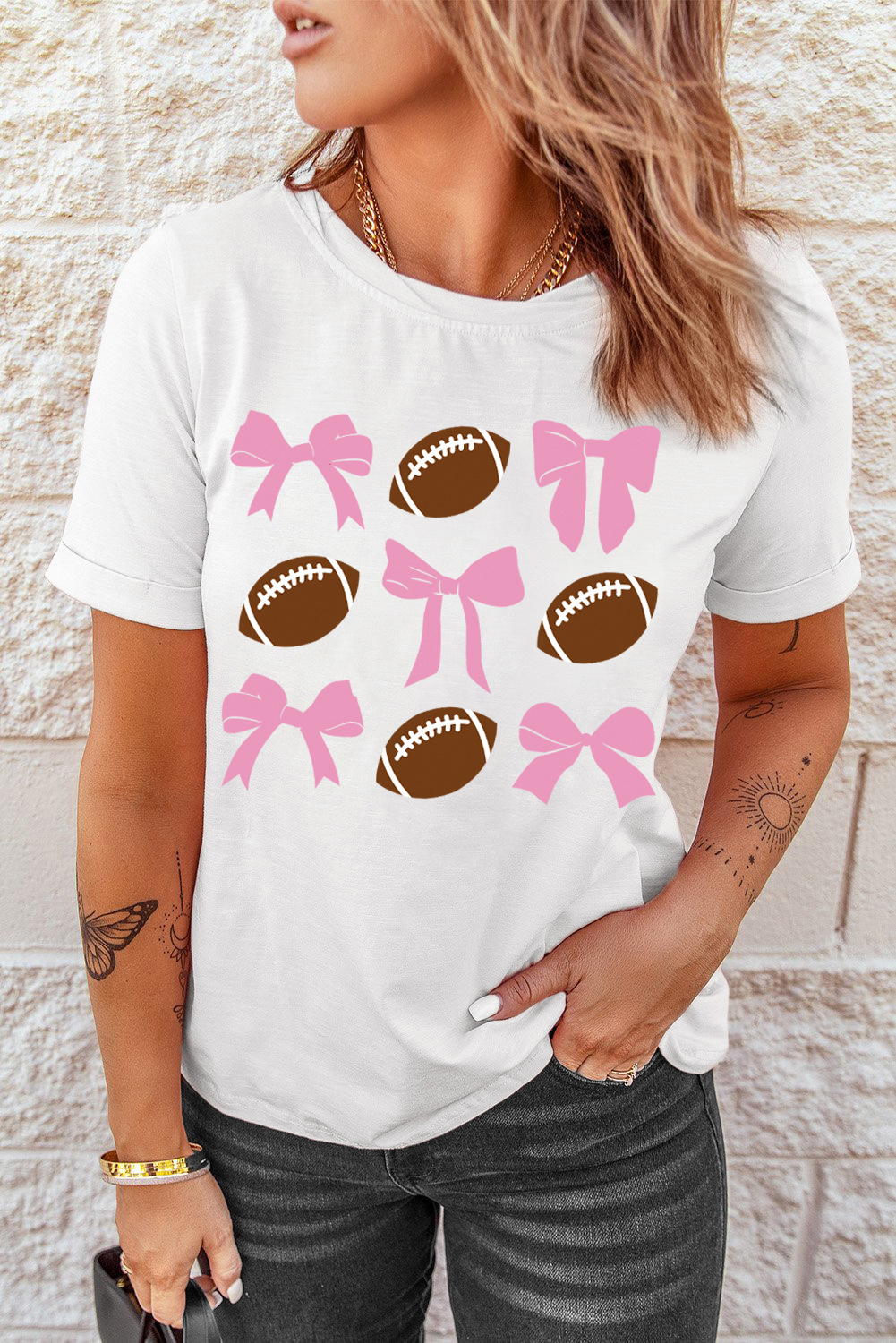 White Bowknot Rugby Football Printed Game Day T Shirt - loveforevers