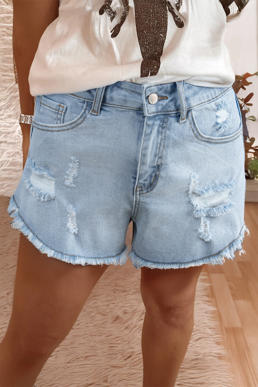 Beau Blue High Rise Distressed Raw Hem Denim Shorts - loveforevers
