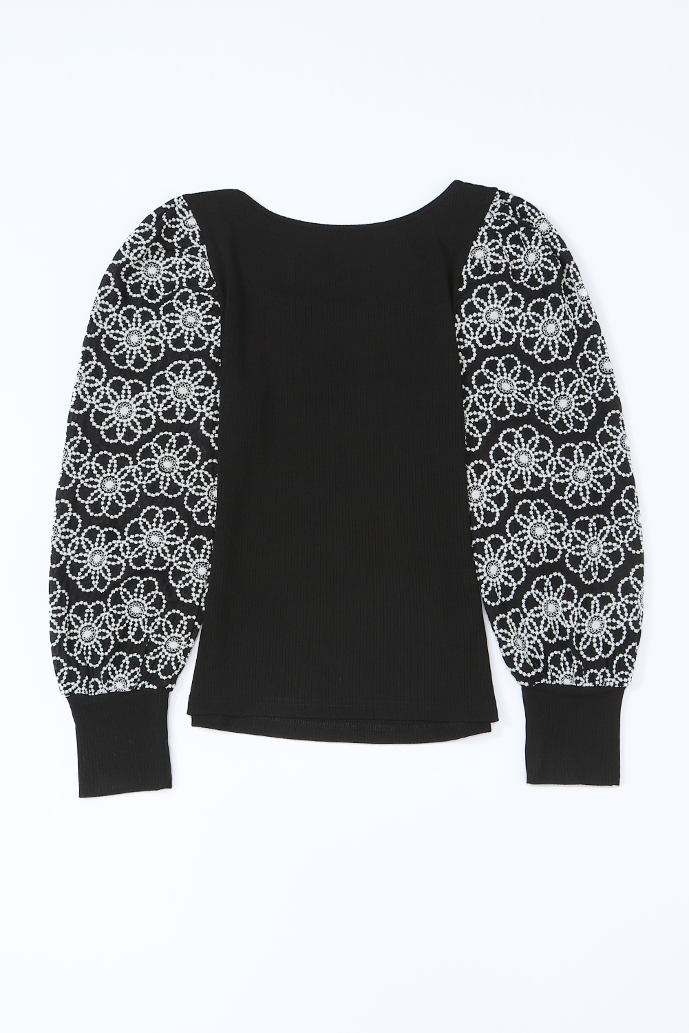 Black Flower Puff Sleeve Ribbed Knit Top - loveforevers