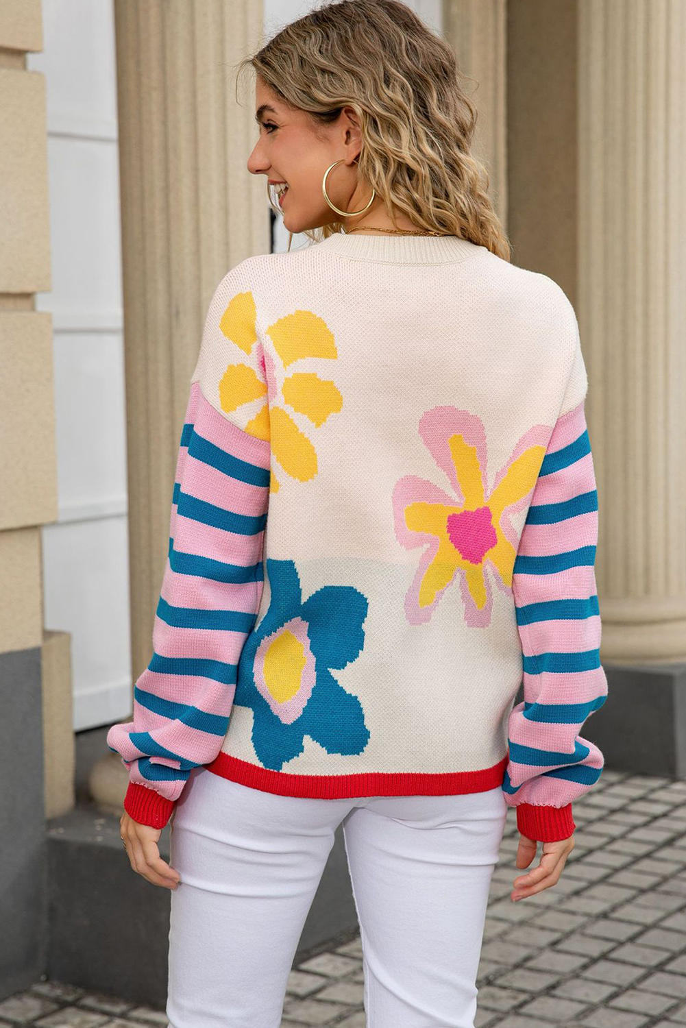 Apricot Cute Flower Pattern Striped Sleeve Sweater - loveforevers