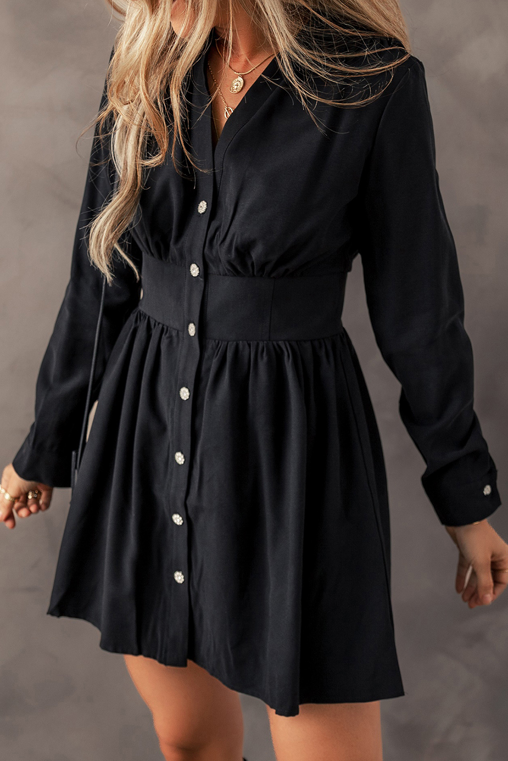Black Elastic Cinched High Waist Long Sleeve Shirt Mini Dress - loveforevers