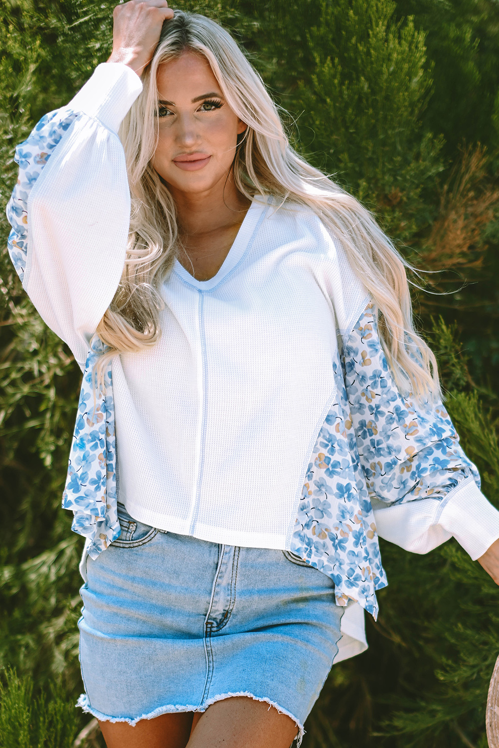 White Abstract Floral Patchwork Batwing Sleeve V Neck Blouse - loveforevers