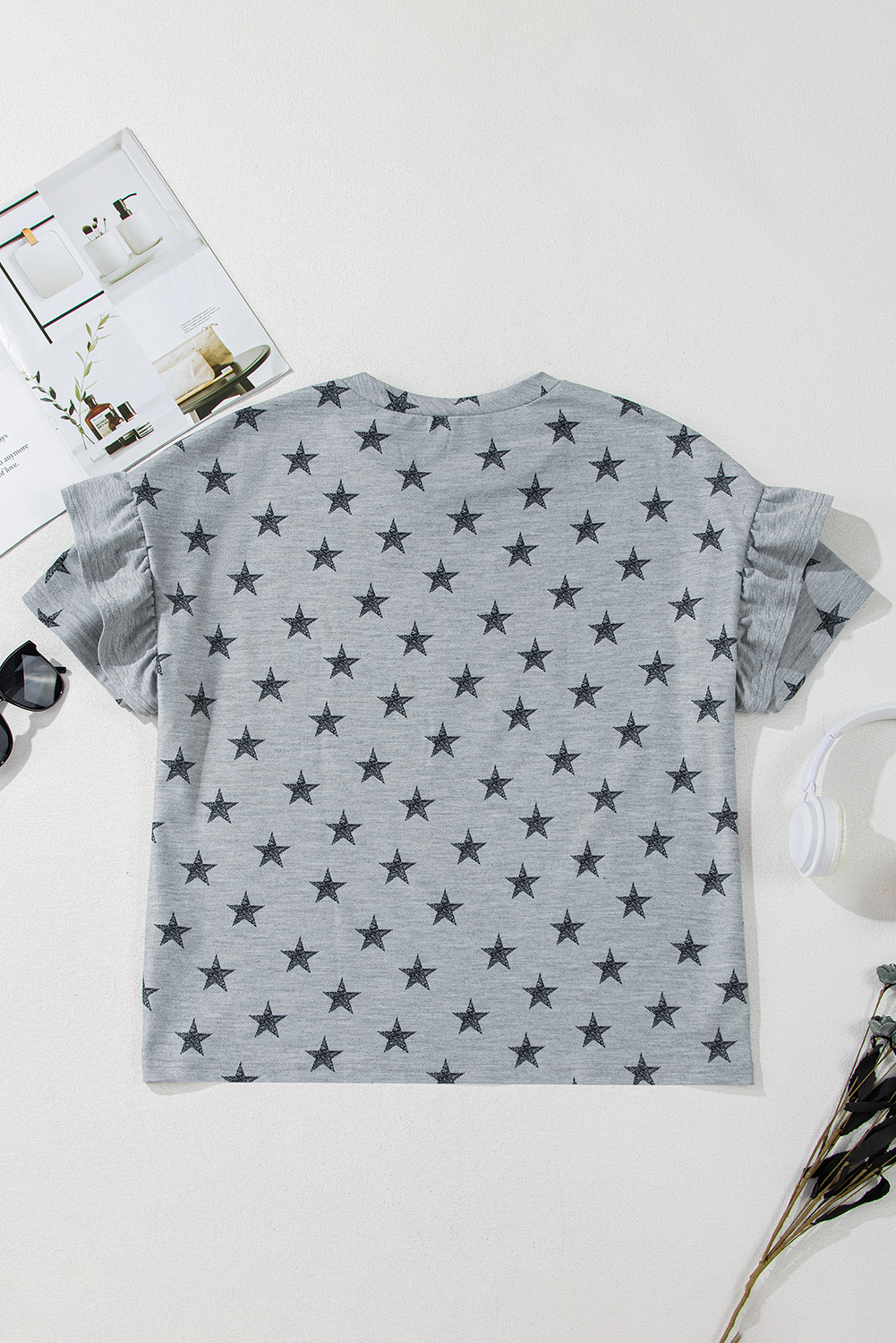 Gray Star Print Tiered Ruffled Sleeve Crew Neck T Shirt - loveforevers