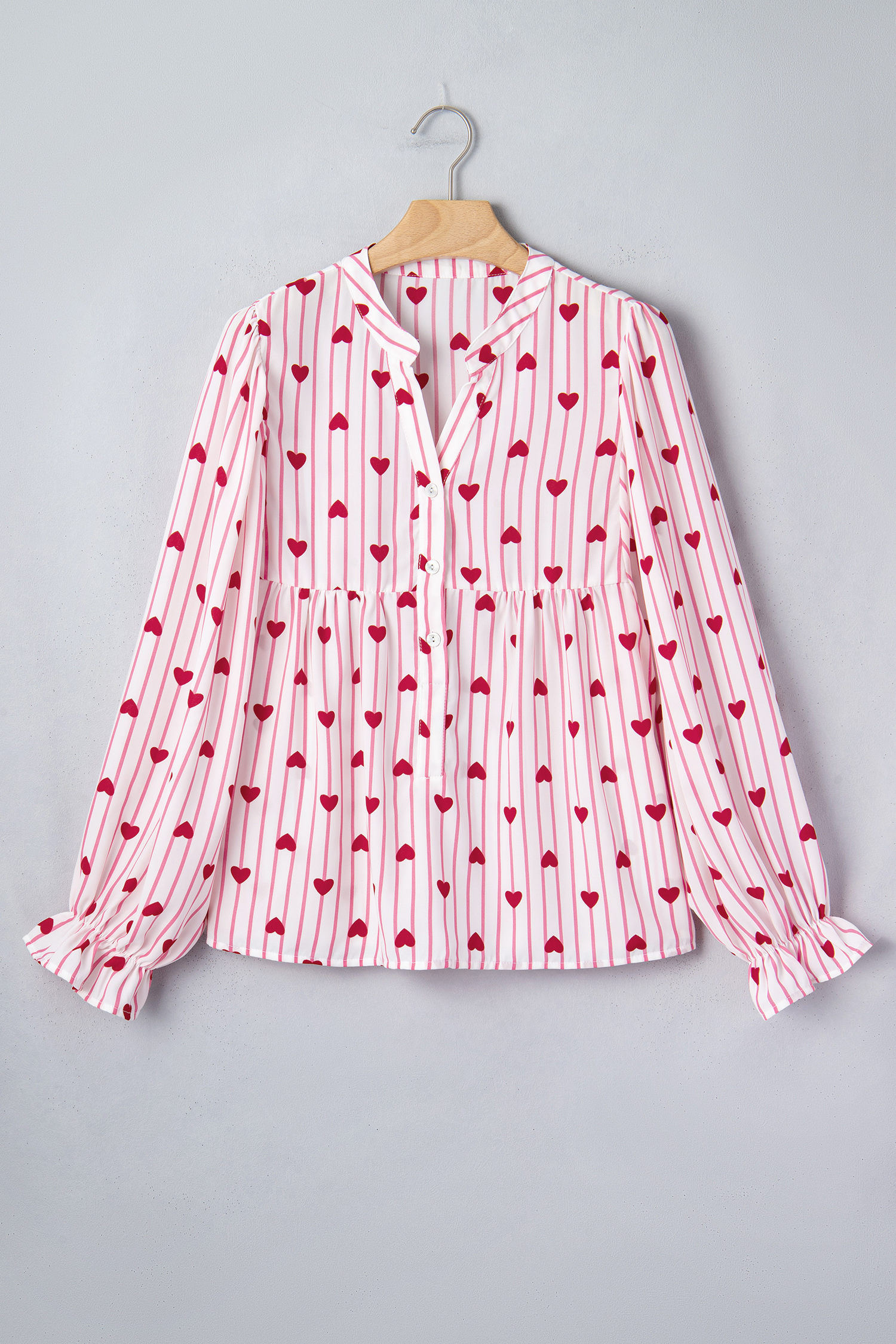 Pink Stripe Textured Heart Print Long Flounce Sleeve Shirt - loveforevers