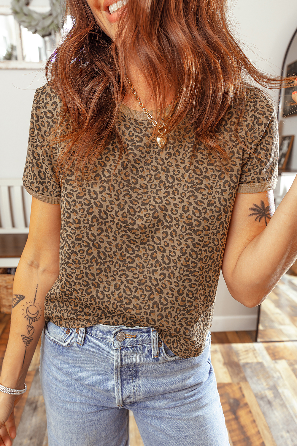 Khaki Fierce Leopard Crew Neck T Shirt - loveforevers