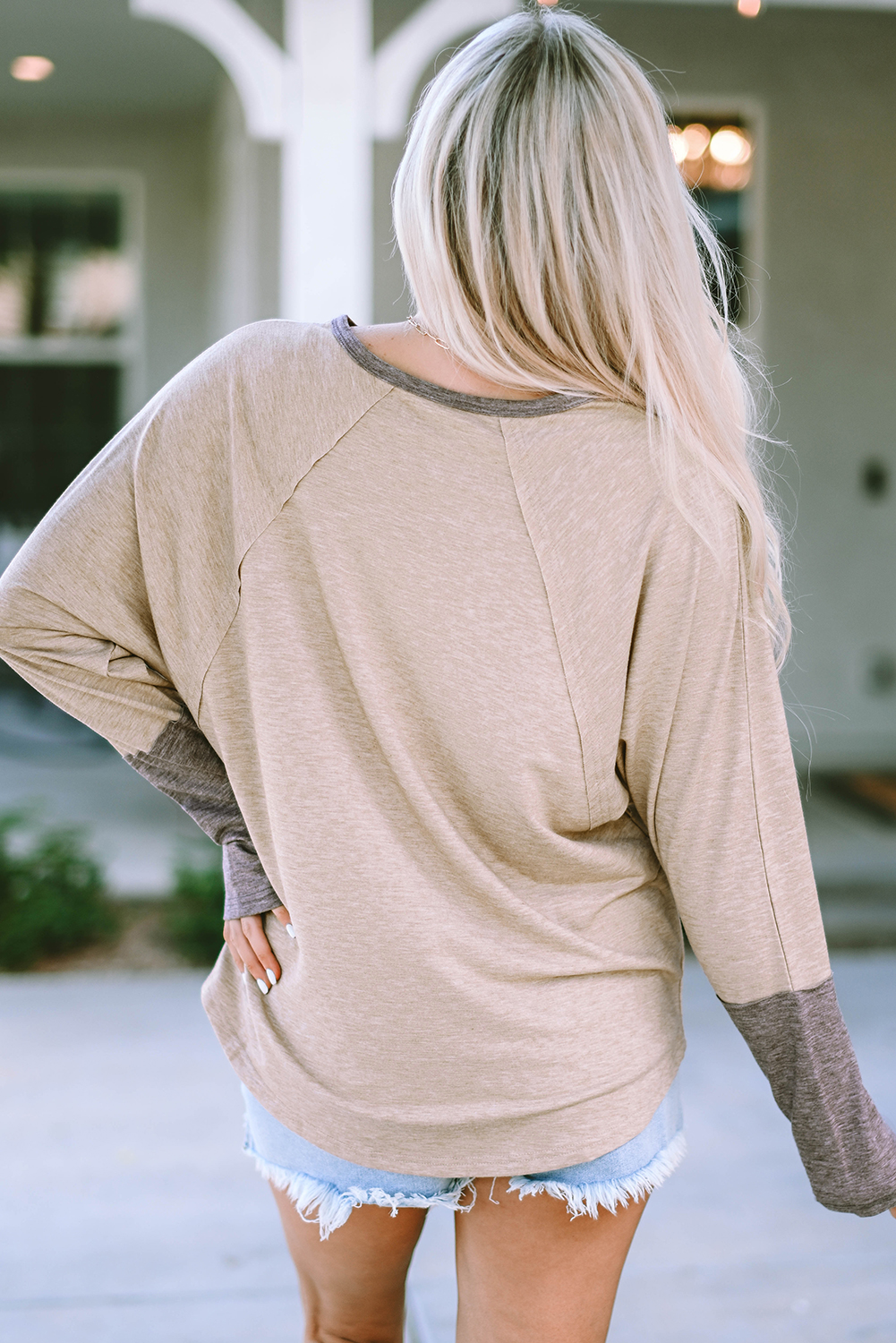 Khaki Contrast Cuffs Batwing Sleeve Loose Top - loveforevers