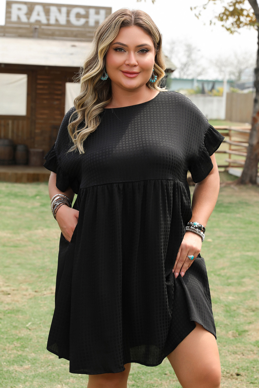 Black Textured Ruffled Sleeve Babydoll Plus Dress - loveforevers