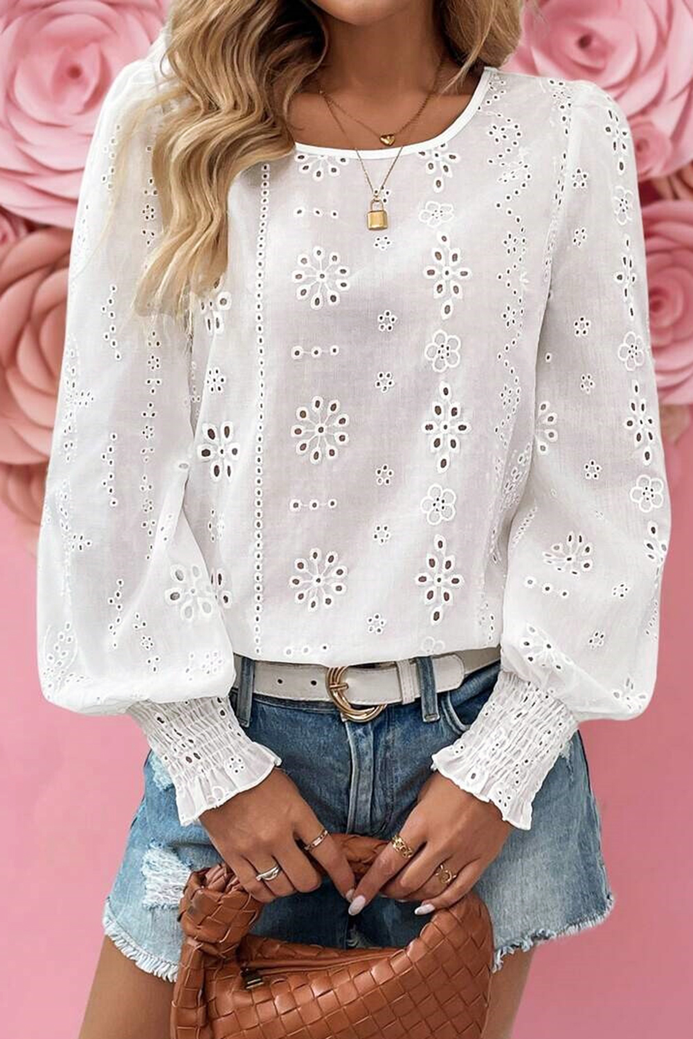 White Eyelet Embroidered Smocked Cuff Sheer Blouse - loveforevers