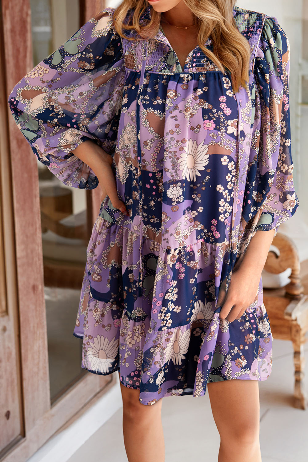 Purple Vintage Daisy Floral Puff Sleeve Ruffle Short Dress - loveforevers