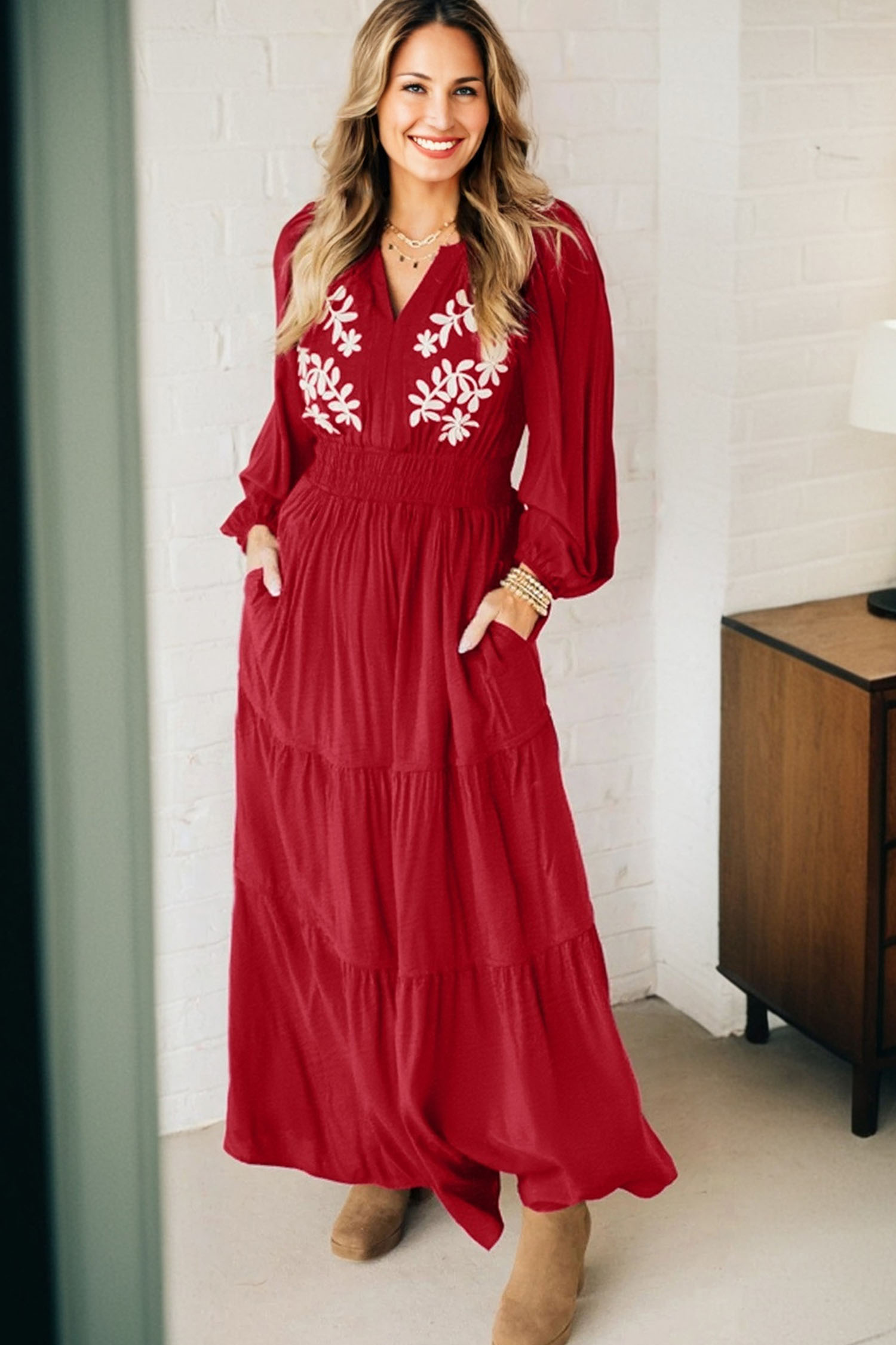 Racing Red Contrast Embroidered Detail Cinched Waist Tiered Long Sleeve Maxi Dress - loveforevers