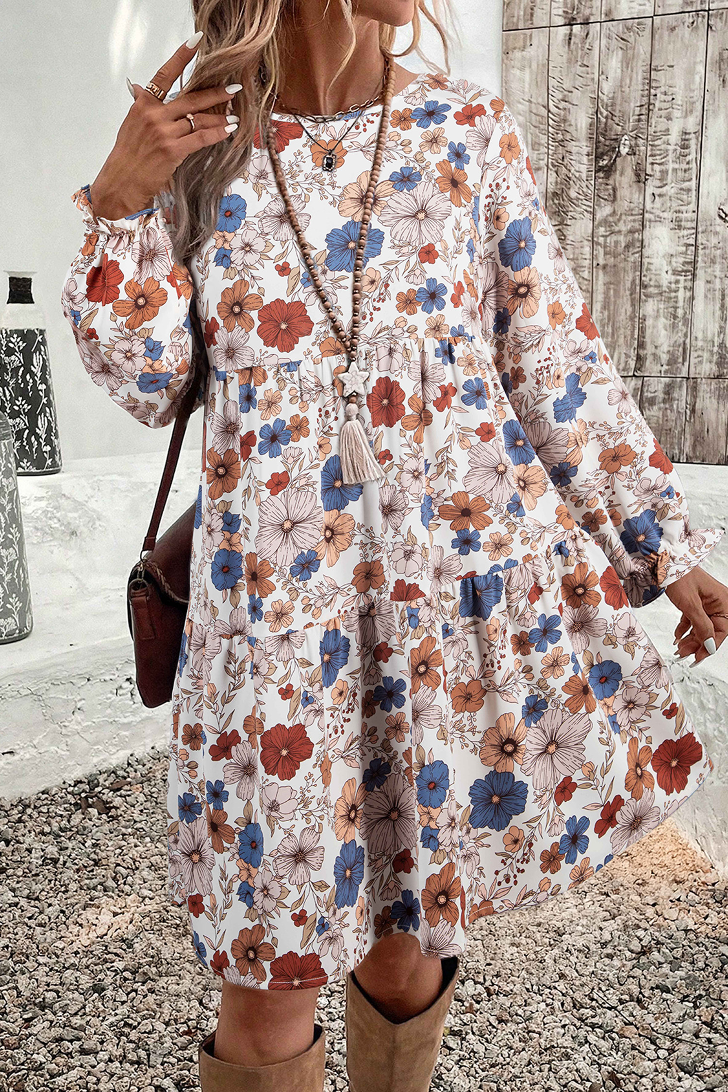 Khaki Tiered Floral Round Neck Ruffled Long Sleeve Dress - loveforevers