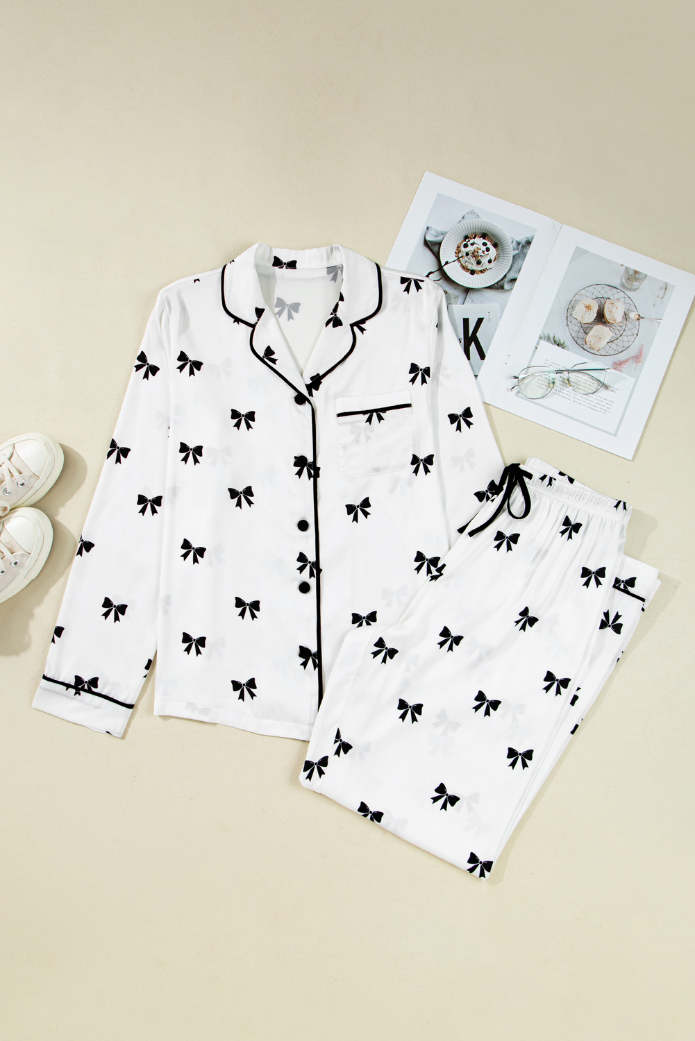 White Bows Print Two Piece Sleepwear - loveforevers