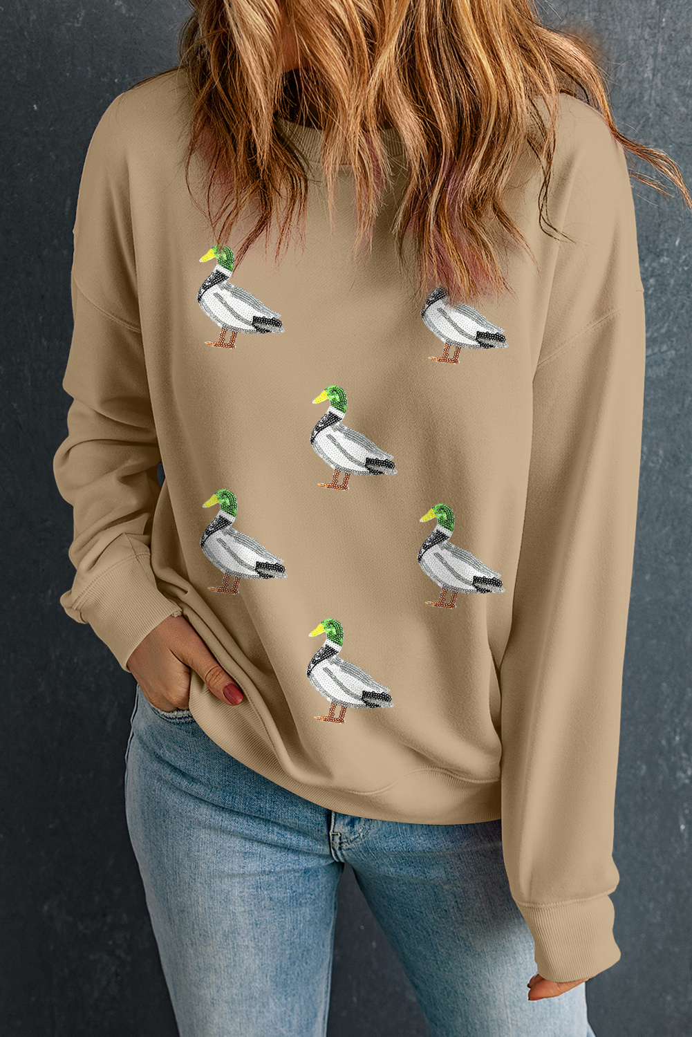 Khaki Sequin Mallard Duck Graphic Baggy Sweatshirt - loveforevers