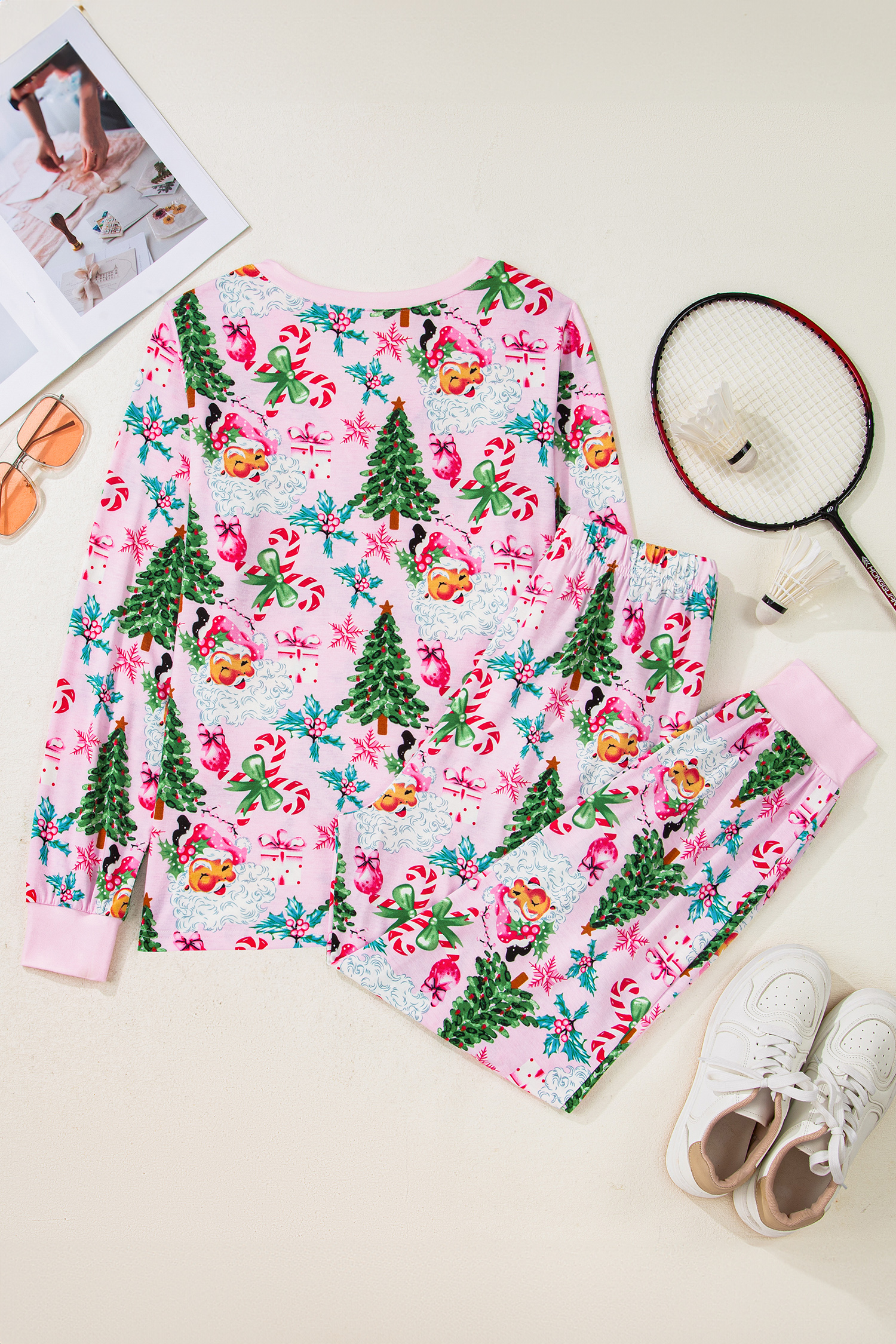 White Christmas Pattern Button V Neck Pullover Drawstring Pants 2pcs Lounge Set - loveforevers