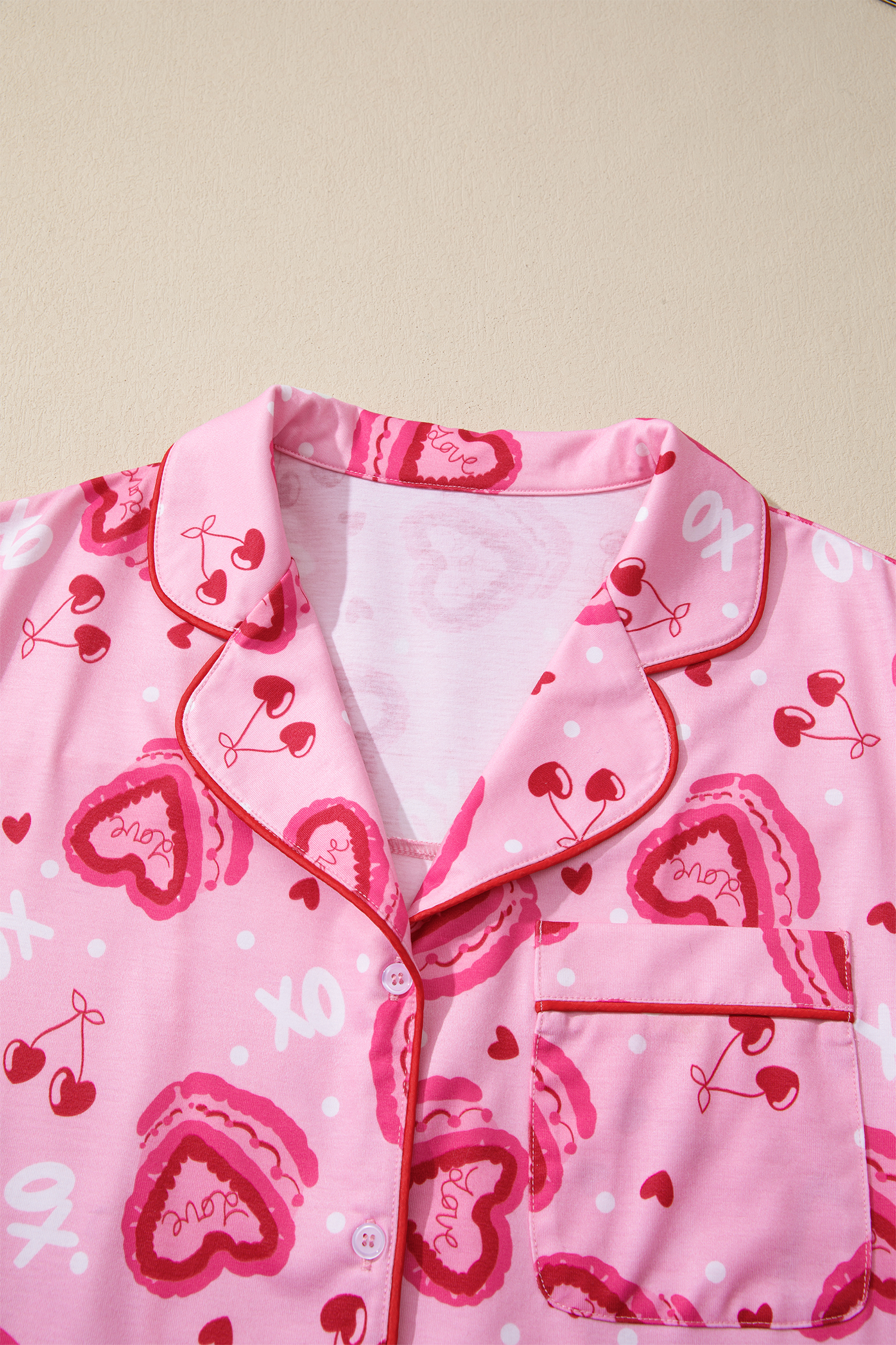 Pink Sweet Heart Cake Print Contrast Ruffle Trim Valentines 2pcs Pajama Set - loveforevers