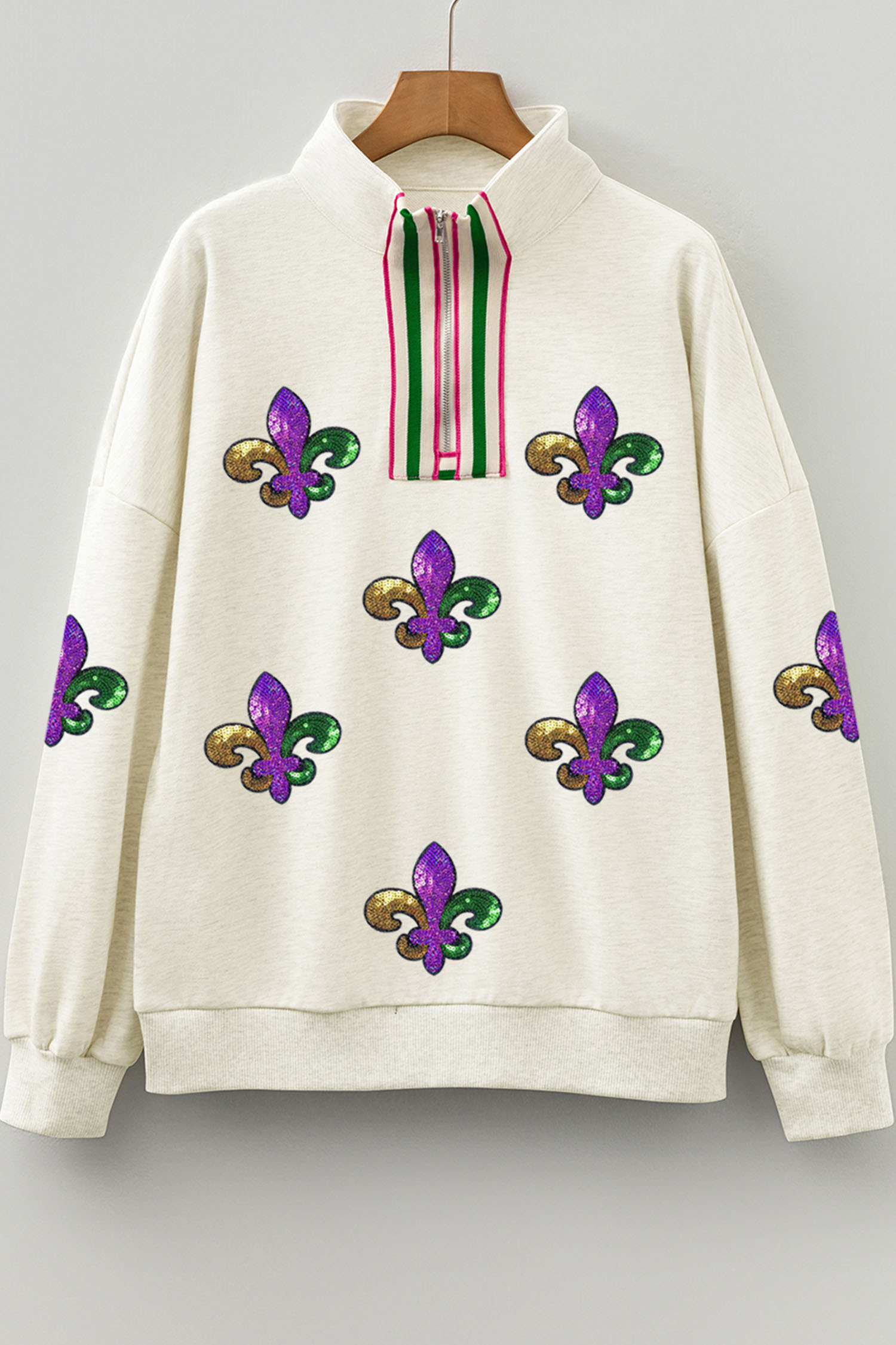 Light Grey Mardi Gras Sequined Pattern Contrast Zipped Collar Pullover Sweatshirt - loveforevers