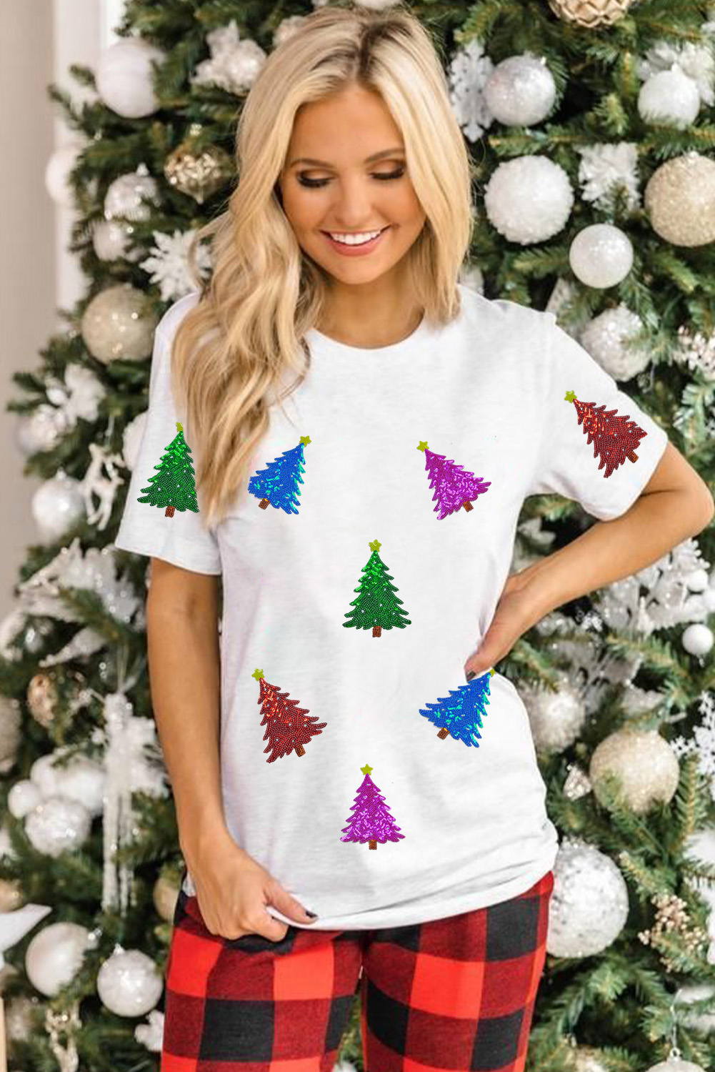 White Glitter Christmas Tree Pattern Cuffed Sleeve Christmas T Shirt - loveforevers