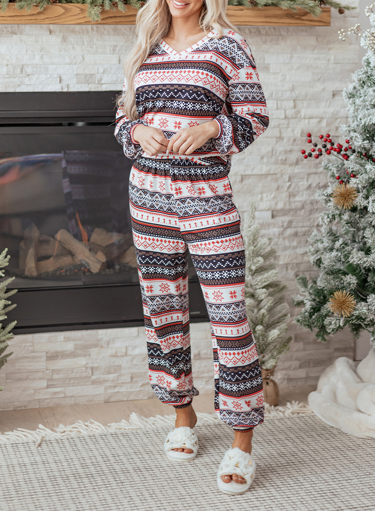 Black Retro Christmas Pattern Loose Pullover 2pcs Lounge Pant Set - loveforevers
