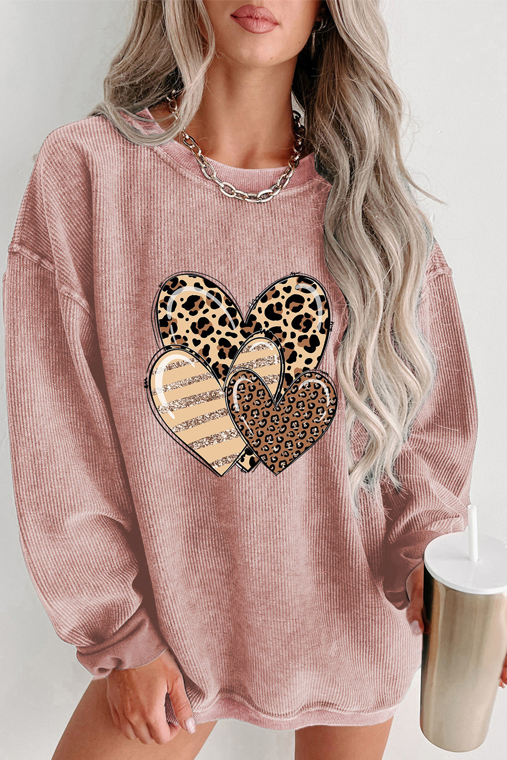 Pink Leopard Heart Shape Corded Loose Fit Sweatshirt - loveforevers