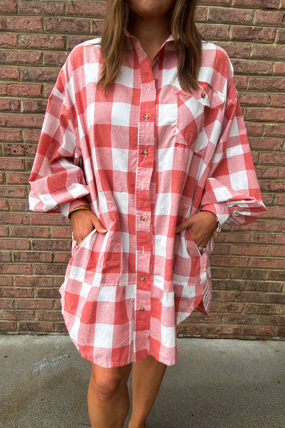 Pink Oversized Plaid Puff Sleeve Round Hem Shirt Dress - loveforevers