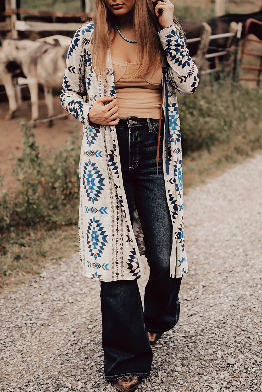 Brown Western Aztec Printed Open Front Long Cardigan - loveforevers