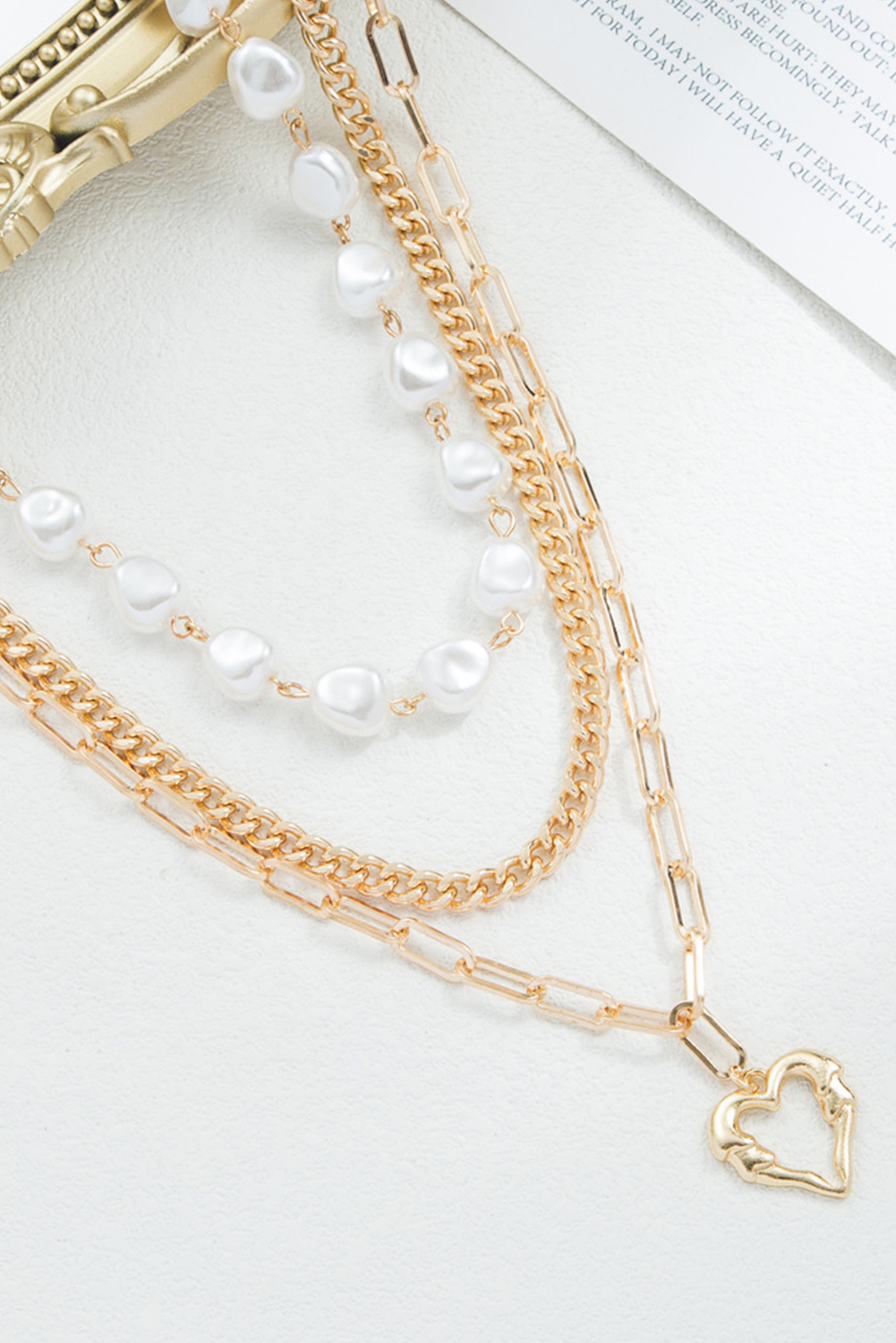 Gold Plated Heart Chain Pearl Beading 3pcs Necklace Set - loveforevers