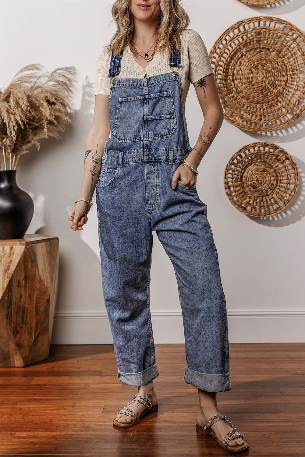 Sail Blue Denim Bib Straight Leg Jumpsuit with Pockets - loveforevers