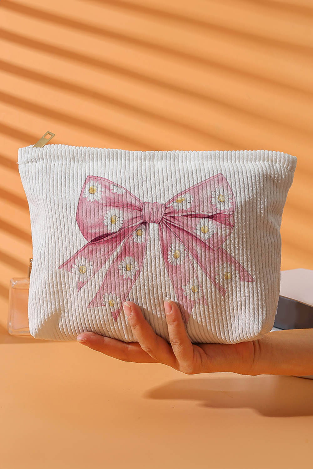 Pink Bow Knot Daisy Print Zipper Corduroy Multifunctional Bag - loveforevers