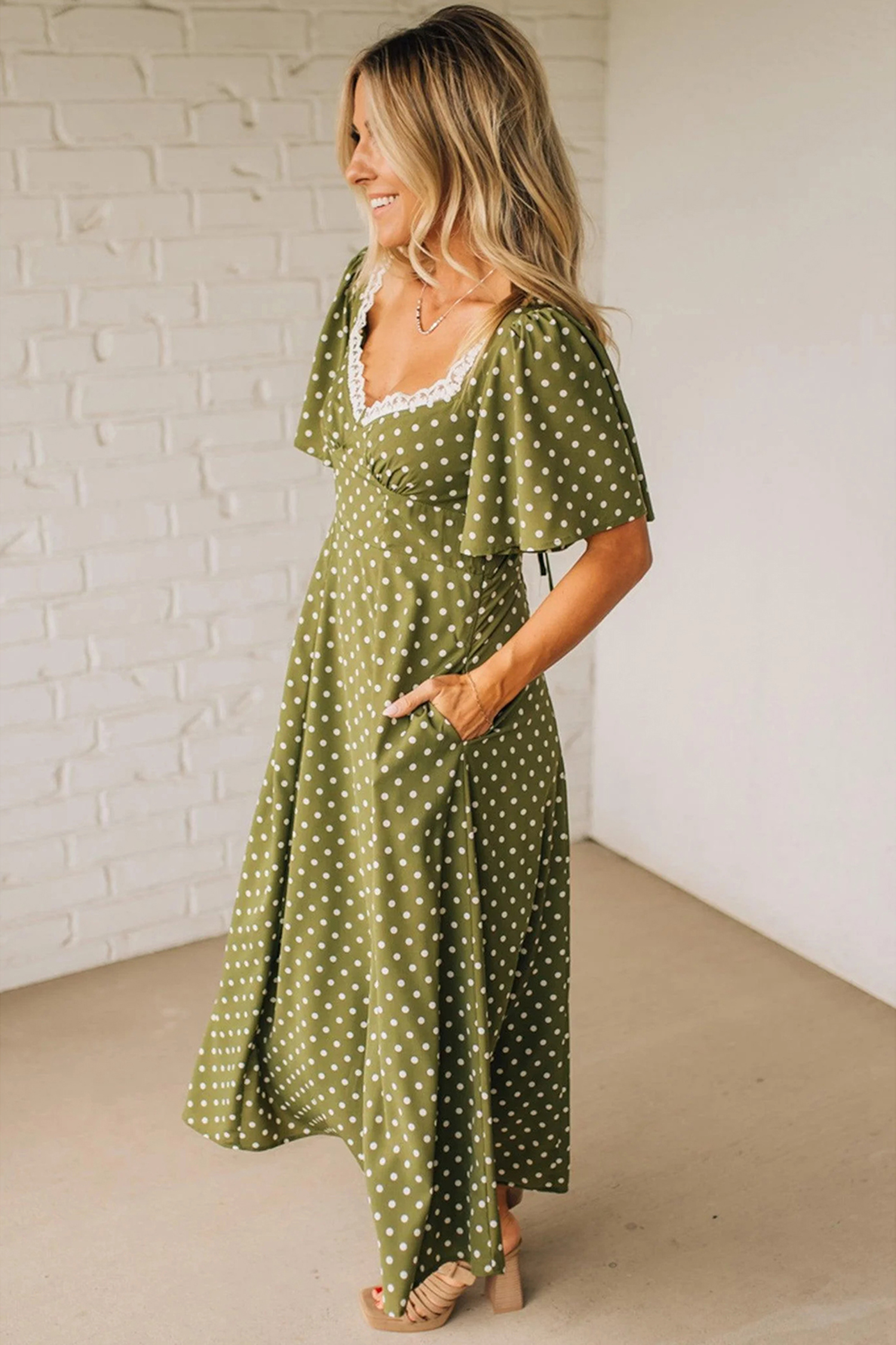 Green Polka Dot Print Lacy Neckline Smocked High Waist Maxi Dress - loveforevers