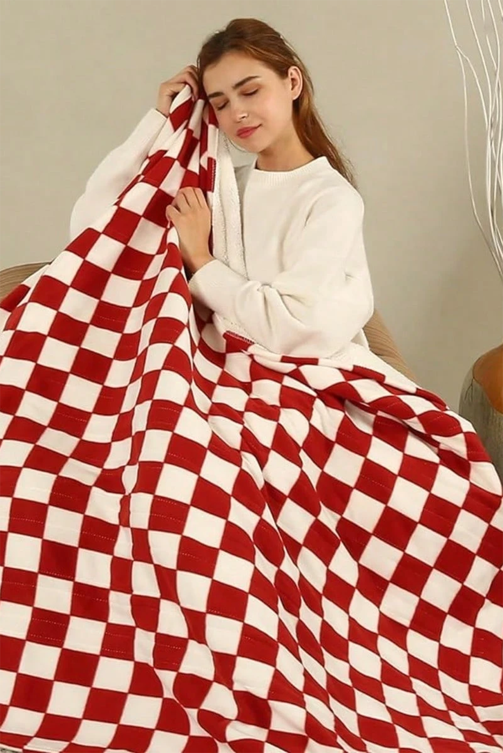 Fiery Red Plush Checkered Print Sofa Blanket 127*152cm - loveforevers