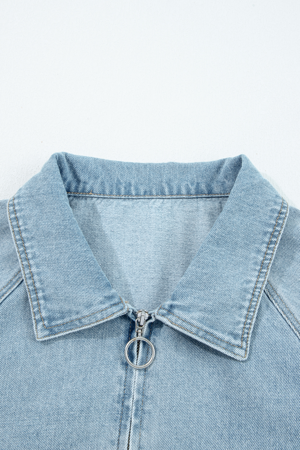 Myosotis Elastic Edge Collared Zip Up Denim Jacket With Pocket - loveforevers