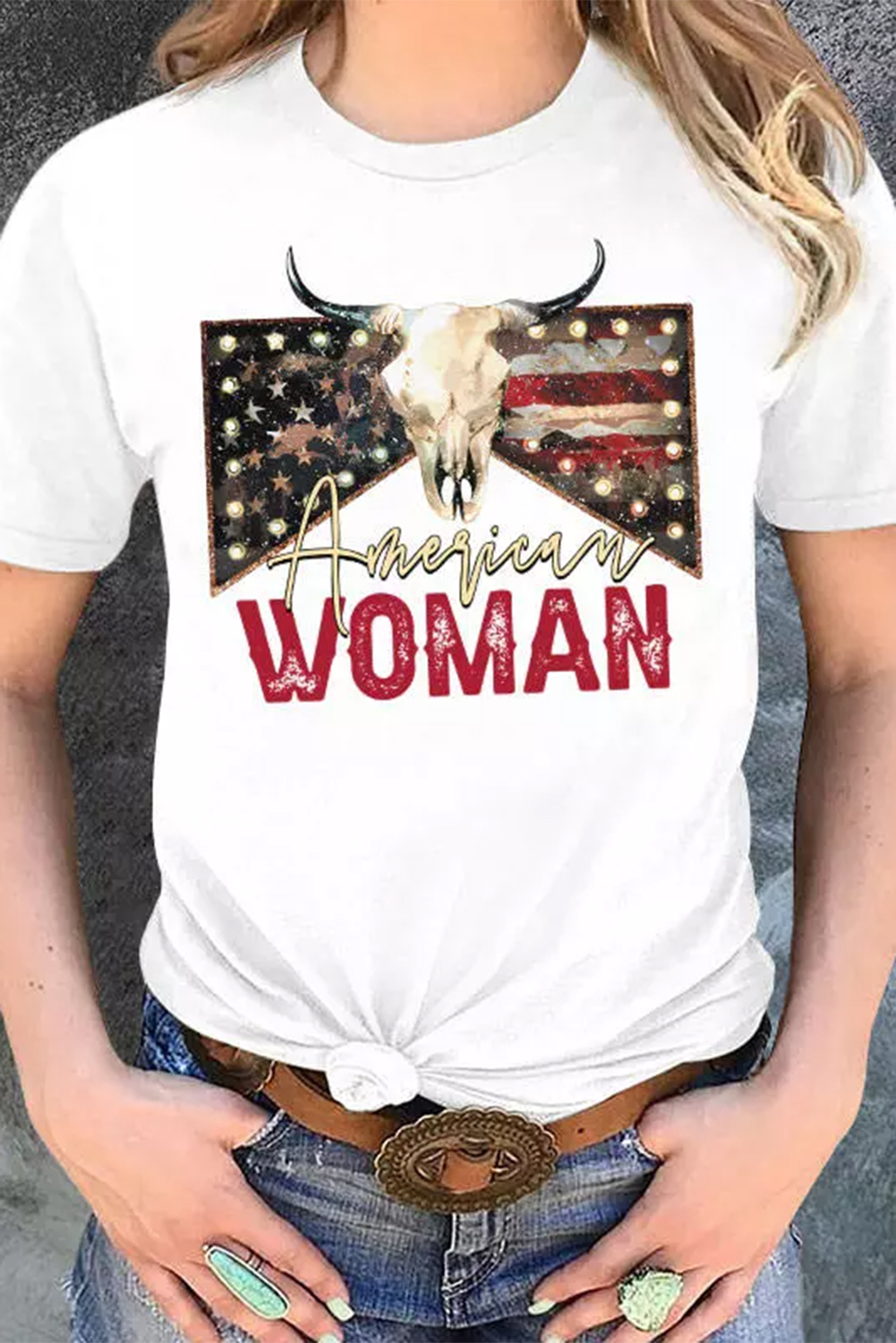 White American Woman Bull Skull Graphic T Shirt - loveforevers