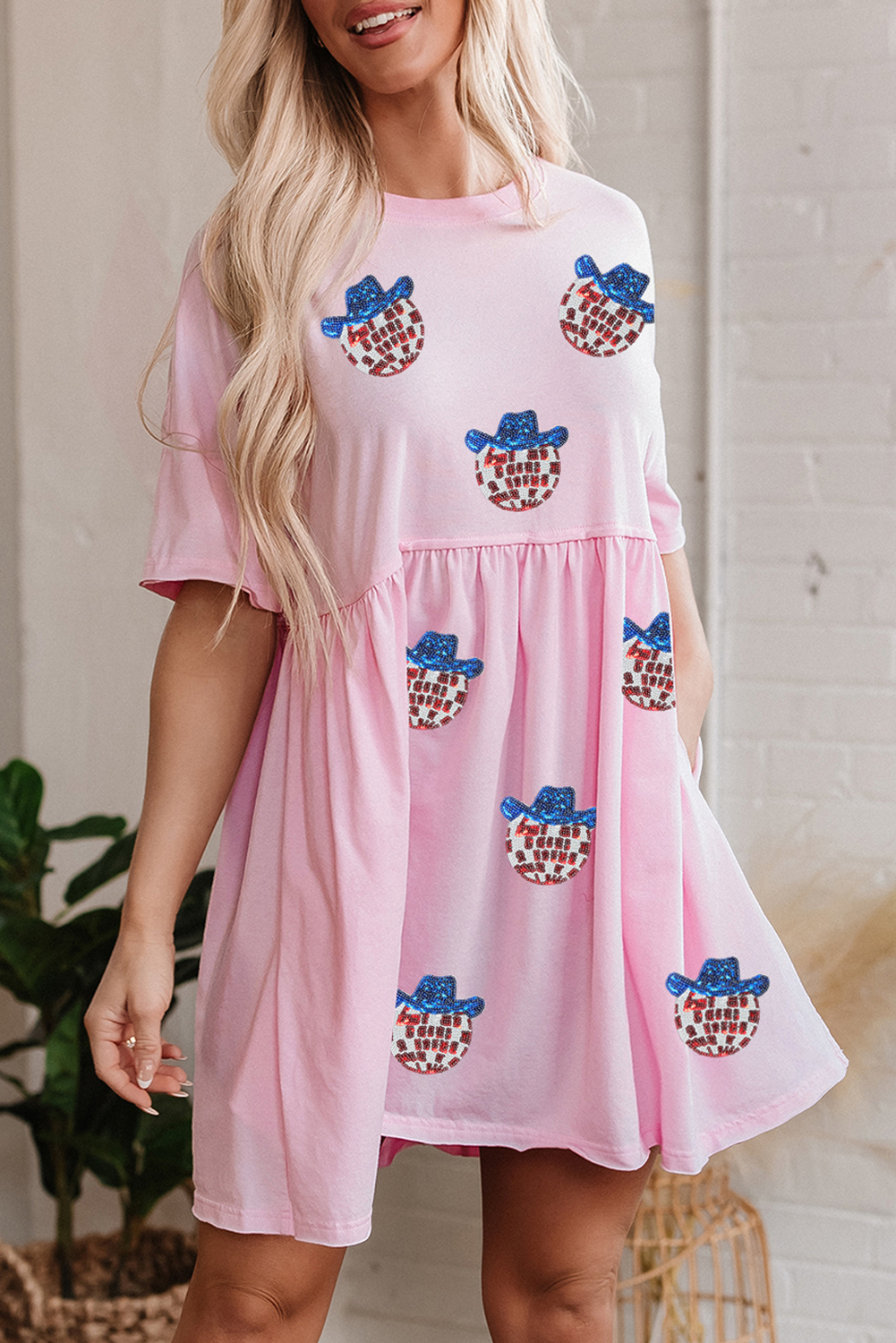 Light Pink American Flag Inspired Sequin Disco Ball Patched Shift Mini Dress - loveforevers