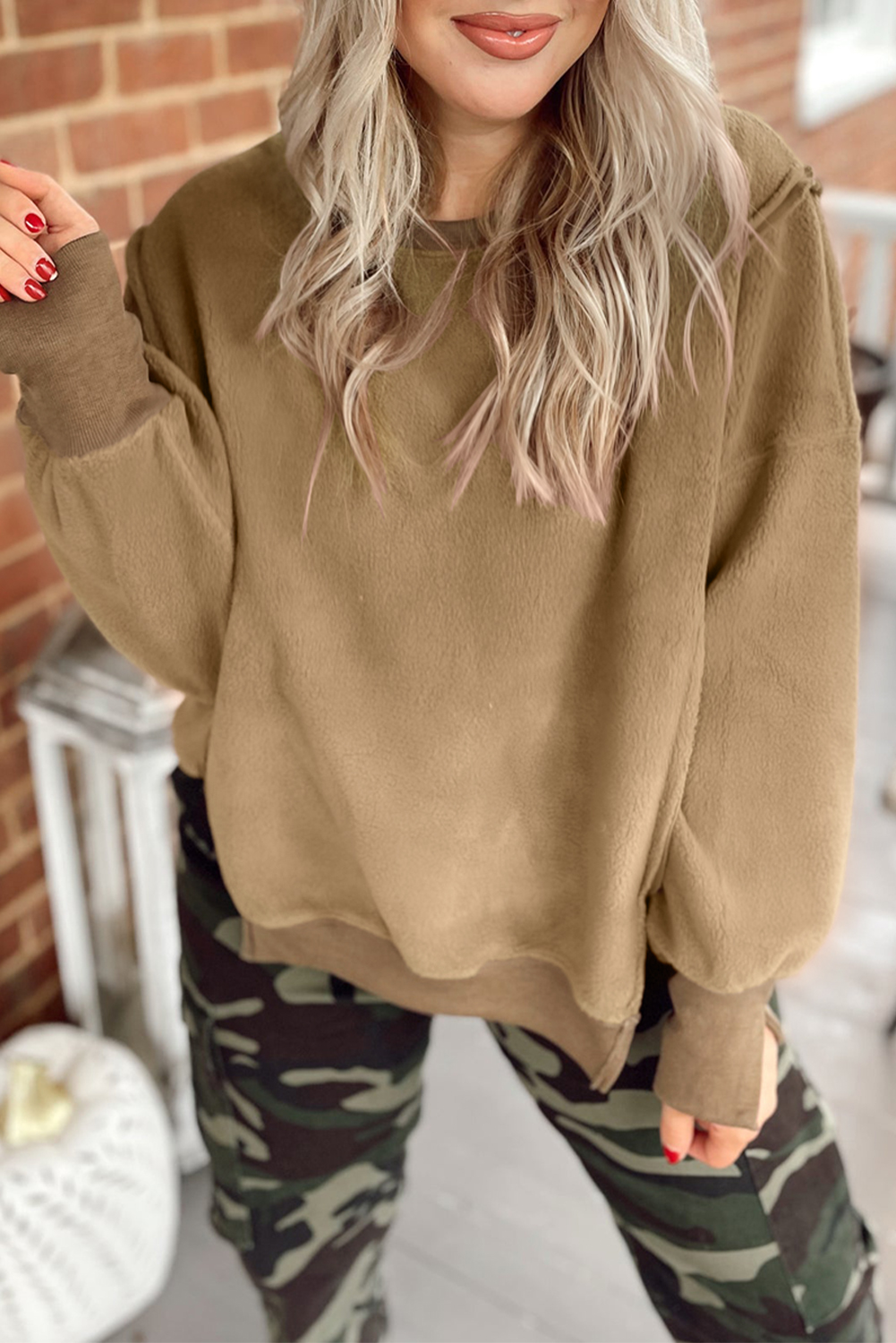 Dark Khaki Fuzzy Sherpa Splicing Pullover Sweatshirt with Side Slit - loveforevers