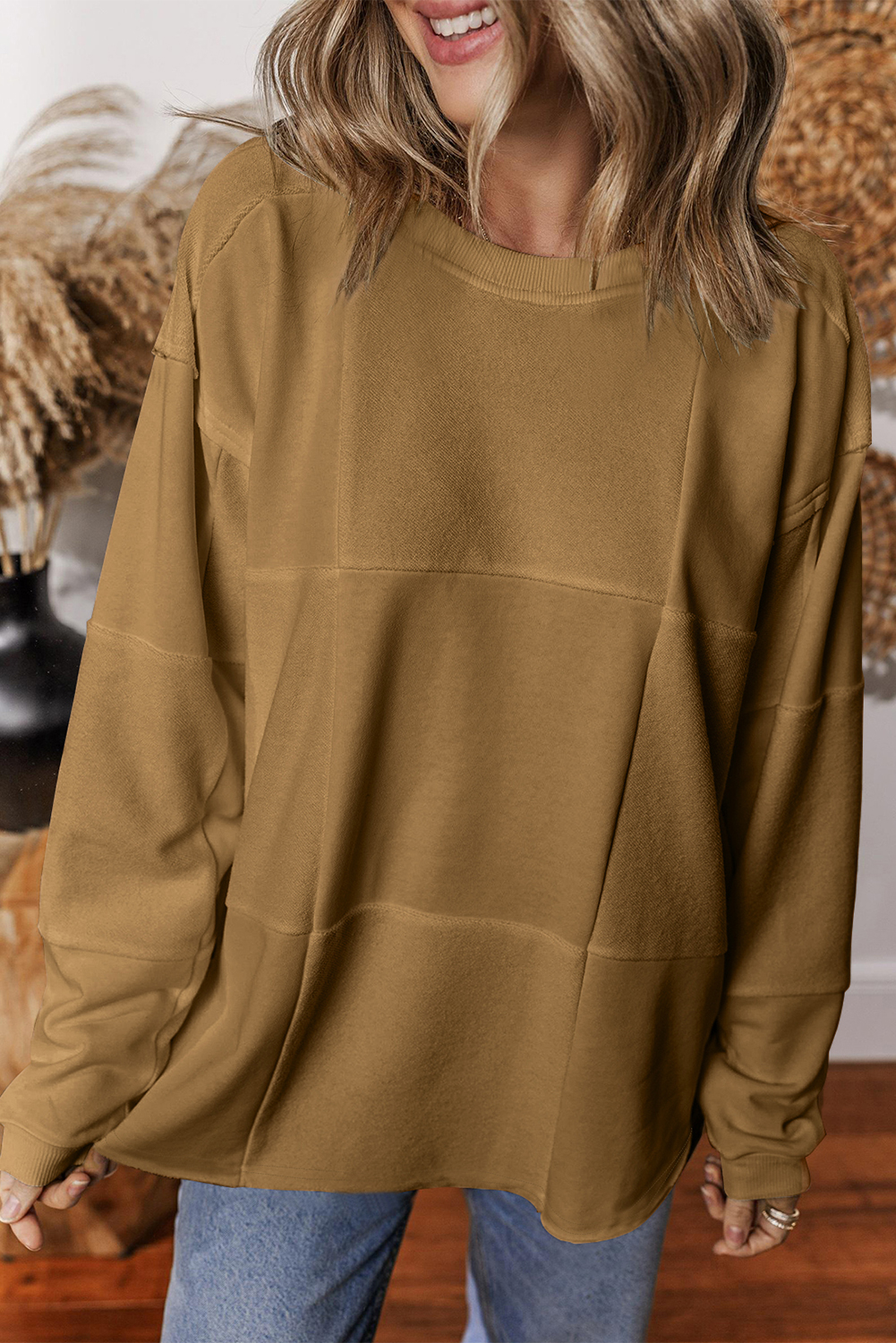 Light French Beige Solid Color Patchwork Drop Shoulder Baggy Sweatshirt - loveforevers