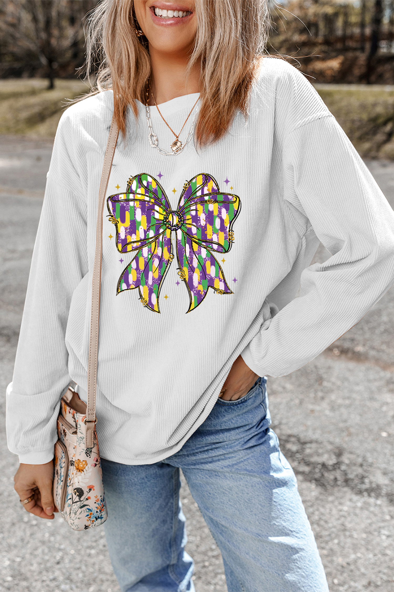 White Mardi Cheerful Bow Printed Corded Ribbed Sweatshirt - loveforevers