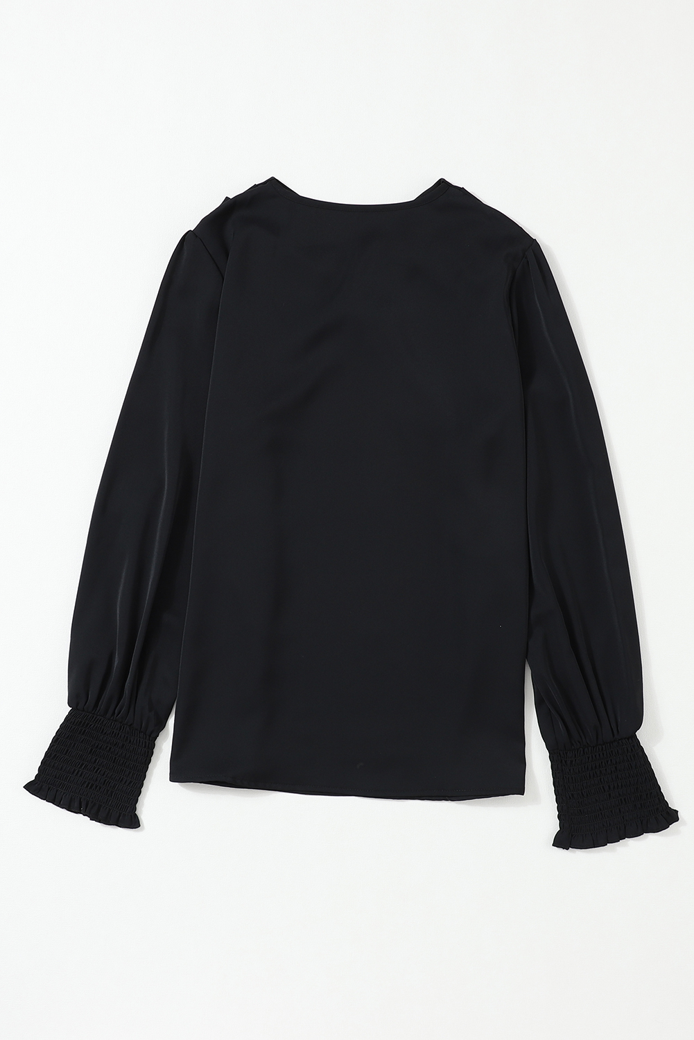 Black Solid Surplice Neck Shirred Cuffs Draped Blouse - loveforevers