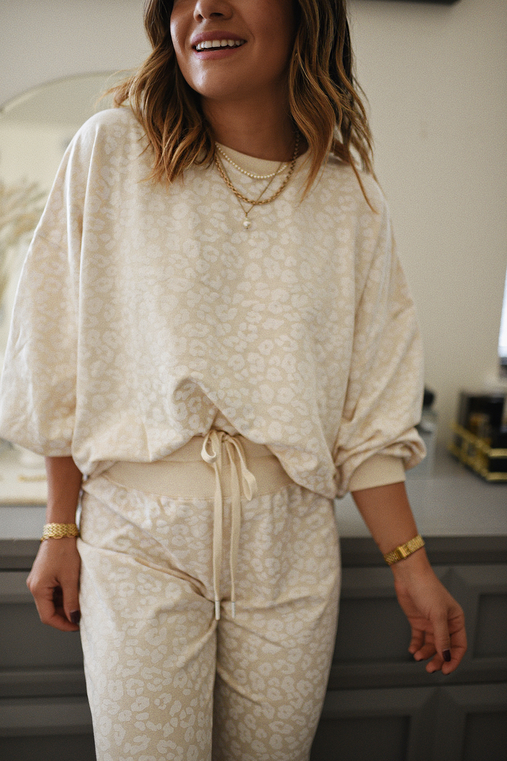 White Cheetah Print Two Piece Loose Fit Cozy Loungewear - loveforevers