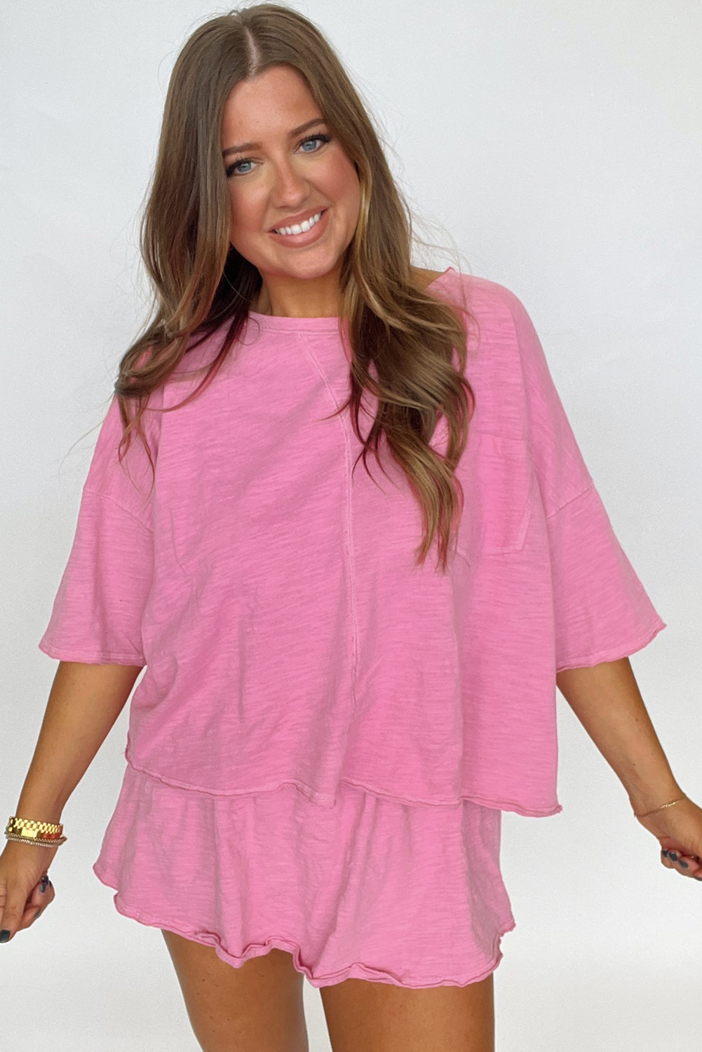 Sachet Pink Loose Fit Half Sleeve T Shirt and High Waist Skirt Set - loveforevers