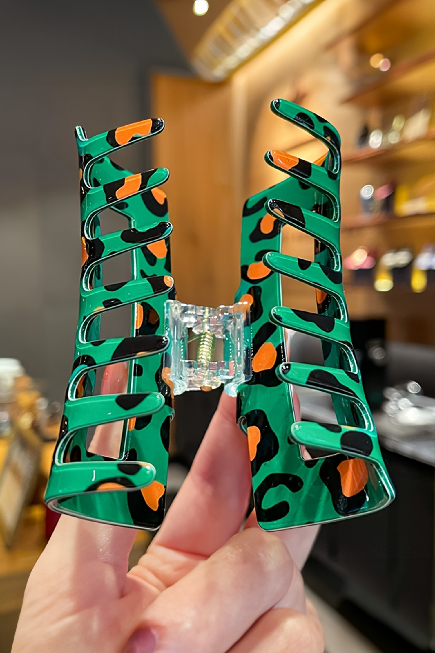 Dark Green Leopard Print Square Hollowed Plastic Hair Claw Clip - loveforevers