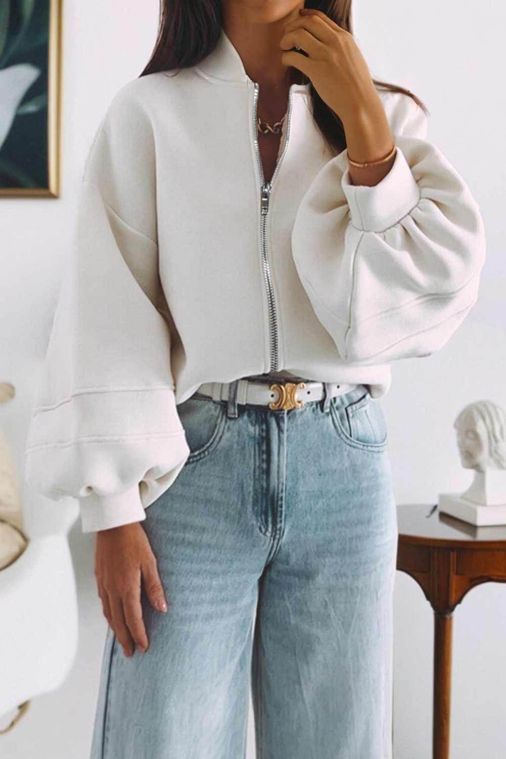 White Solid Color Zip Up Knit Puff Sleeve Jacket - loveforevers